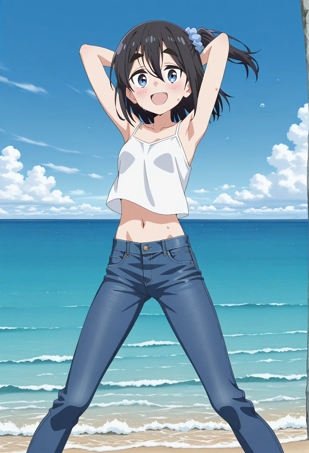 score_9, score_8_up, score_7_up, source_anime, highres, hi res, ((best quality, top quality, perfect quality, Highest Quality, amazing quality)), {{masterpiece}}, {{an extremely delicate and beautiful}}, 2d, intricate details, official style, anime, 8k, anime style, official_anime, official art, digital painting, cell shading, soft shading, high resolution, soothing tones, Subdued Color, Soft cinematic light, adobe lightroom, photolab, HDR, intricately and hyper-detailed, ((high quality animation)), 1 girl, Alone, solo, ((ocean)), tsunami, on the water, day, sunny, outdoors, sky, windy, satsuki amamiya, short hair, blue eyes, black hair, hair ornament, one side up, thick eyebrows, scrunchie, hair scrunchie, blue scrunchie, anime screencap, small breasts, white camisole top, crop top, white crop top, best quality, hyper-detailed jeans, ((blue jeans:1.9)), (dark blue jeans:0.6), full medium body, medium shot, Open mouth, smiling, happy face, blush, sweat, standing, ((arms behind head:6.0)), bowlegged, jumping pose, action, looking at viewer, spread legs, Bend knees slightly, straight-on front view