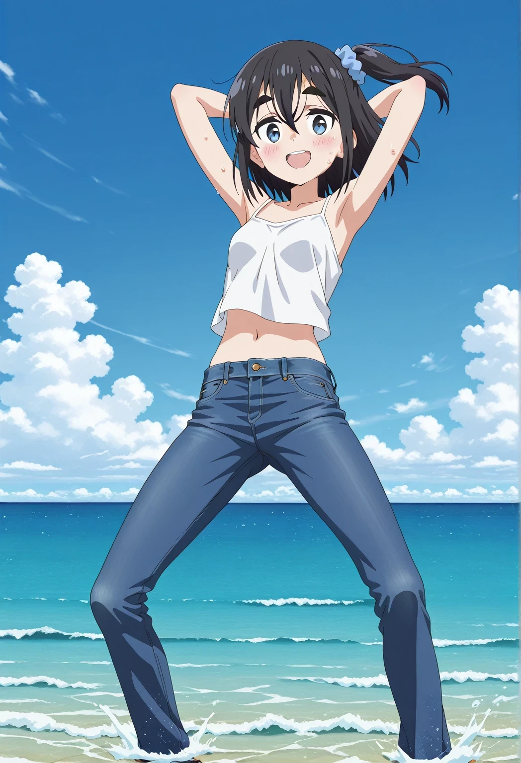 score_9, score_8_up, score_7_up, source_anime, highres, hi res, ((best quality, top quality, perfect quality, Highest Quality, amazing quality)), {{masterpiece}}, {{an extremely delicate and beautiful}}, 2d, intricate details, official style, anime, 8k, anime style, official_anime, official art, digital painting, cell shading, soft shading, high resolution, soothing tones, Subdued Color, Soft cinematic light, adobe lightroom, photolab, HDR, intricately and hyper-detailed, ((high quality animation)), 1 girl, Alone, solo, ((ocean)), tsunami, on the water, day, sunny, outdoors, sky, windy, satsuki amamiya, short hair, blue eyes, black hair, hair ornament, one side up, thick eyebrows, scrunchie, hair scrunchie, blue scrunchie, anime screencap, small breasts, white camisole top, crop top, white crop top, best quality, hyper-detailed jeans, ((blue jeans:1.9)), (dark blue jeans:0.6), full medium body, medium shot, Open mouth, smiling, happy face, blush, sweat, standing, ((arms behind head:6.0)), bowlegged, jumping pose, action, looking at viewer, spread legs, Bend knees slightly, straight-on front view