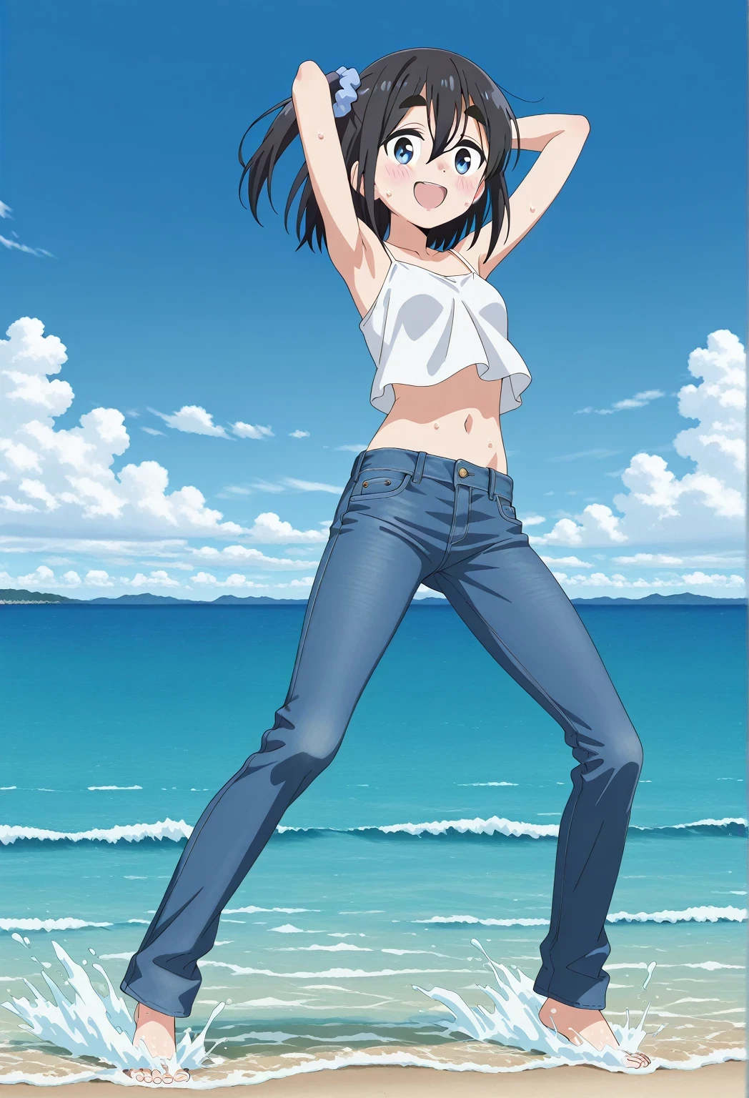 score_9, score_8_up, score_7_up, source_anime, highres, hi res, ((best quality, top quality, perfect quality, Highest Quality, amazing quality)), {{masterpiece}}, {{an extremely delicate and beautiful}}, 2d, intricate details, official style, anime, 8k, anime style, official_anime, official art, digital painting, cell shading, soft shading, high resolution, soothing tones, Subdued Color, Soft cinematic light, adobe lightroom, photolab, HDR, intricately and hyper-detailed, ((high quality animation)), 1 girl, Alone, solo, ((ocean)), tsunami, on the water, day, sunny, outdoors, sky, windy, satsuki amamiya, short hair, blue eyes, black hair, hair ornament, one side up, thick eyebrows, scrunchie, hair scrunchie, blue scrunchie, anime screencap, small breasts, white camisole top, crop top, white crop top, best quality, hyper-detailed jeans, ((blue jeans:1.9)), (dark blue jeans:0.6), full medium body, medium shot, Open mouth, smiling, happy face, blush, sweat, standing, ((arms behind head:6.0)), bowlegged, jumping pose, action, looking at viewer, spread legs, Bend knees slightly, straight-on front view