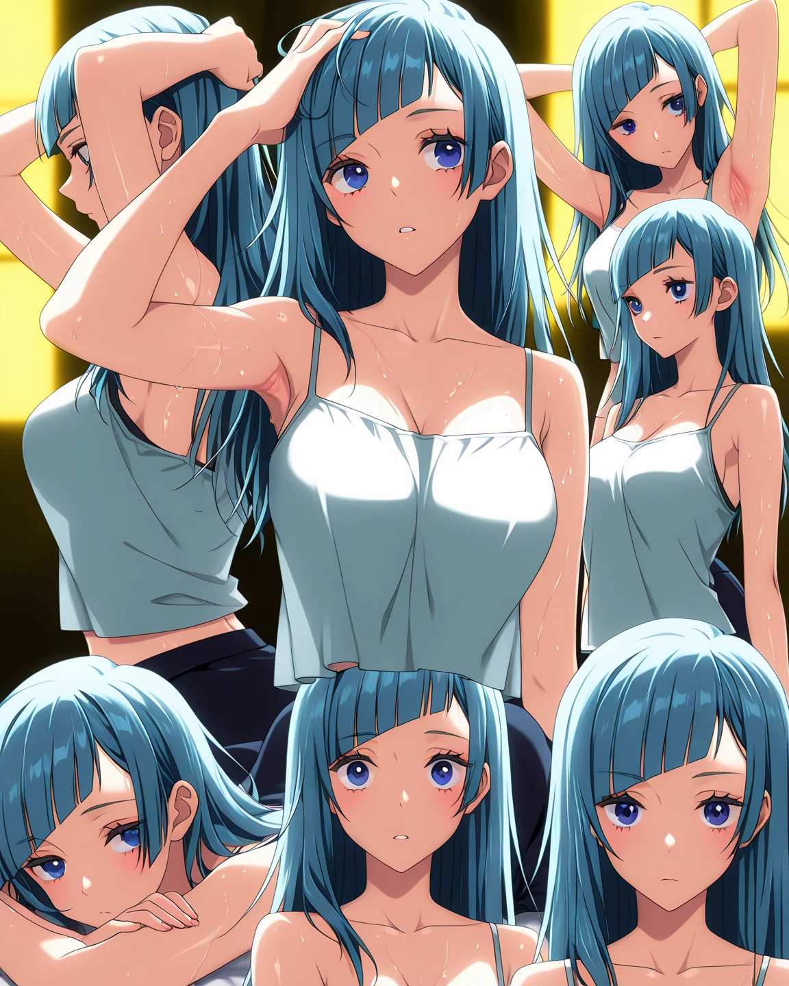 (best quality, masterpiece, ultra-detailed, illustration),(8K wallpaper),(beautiful detailed eyes), beautiful, amazing, BREAK 1girl, light blue hair,thin pubic hair, male pubic hair, hetero, , breasts, , , , , completely , , multiple boys, 