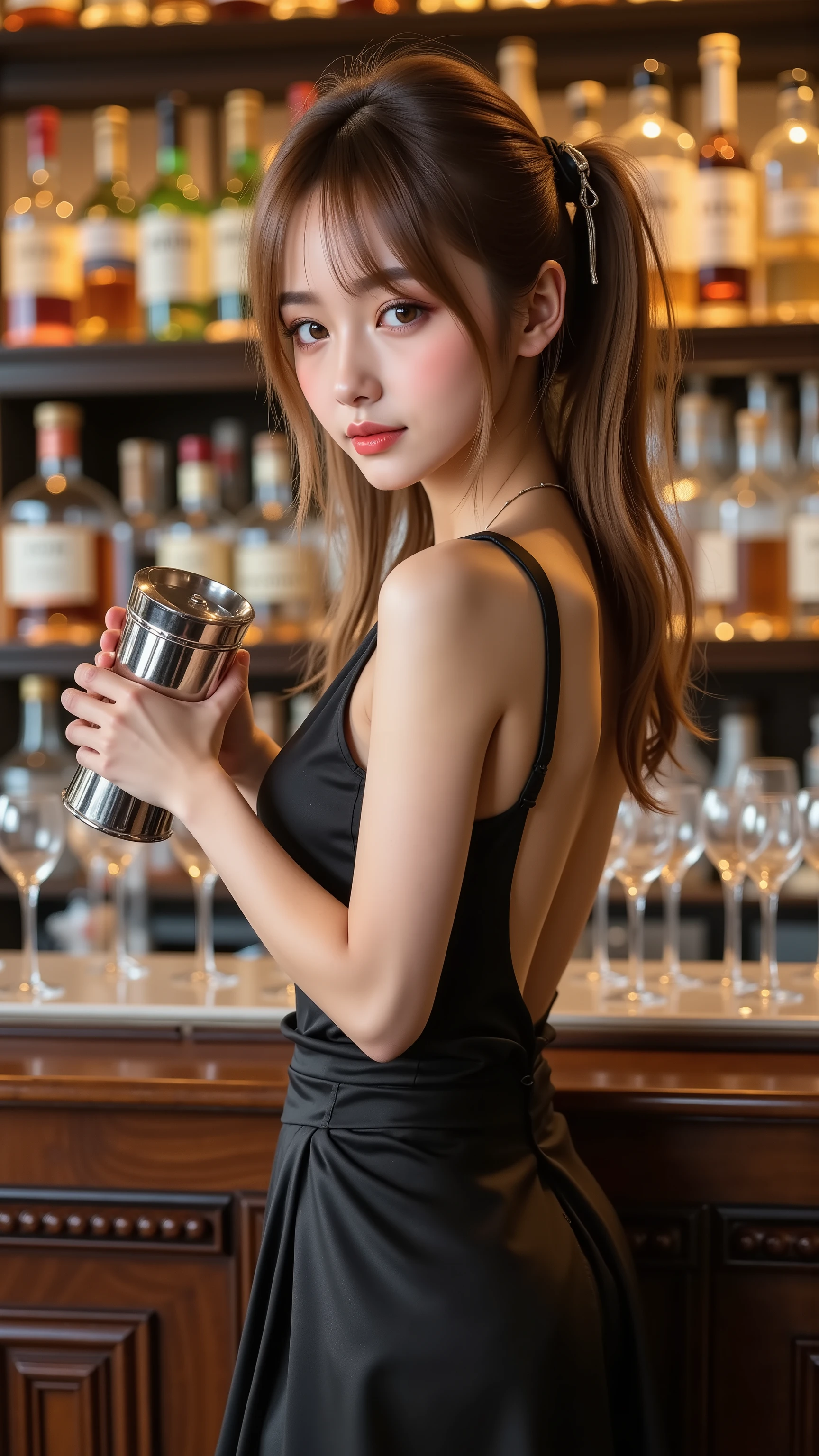 sexy actress bartender, Formal Wear, A slender silhouette, nice counter bar, Stunning cocktail shaker handling, perfect anatomy、Full Body,  nice butt