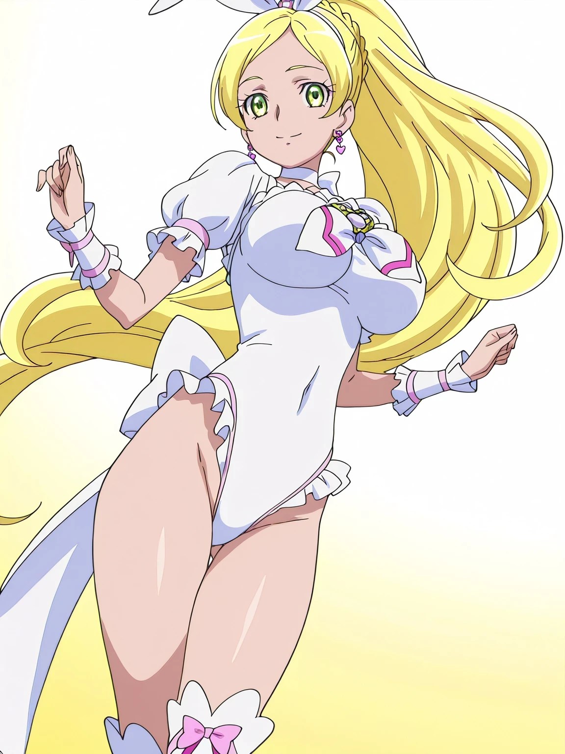 score 9 、score 8 up、score 7 up、source anime、傑作、best quality、best resolution、best image quality、Very detailed face、Very detailed eyes、very detailed、anime coloring、anime screencap、anime screenshot、official art、1girl、cure rhythm、female character is wearing a white leotard、beefcake standing、blonde hair、ponytail hair、high ponytail hair、very long hair、braid、green eyes、睫毛、shiny hair、hair bow、heart earrings、solo、zodiac girl knight、magical girl、portrait zodiac girl knight、long legs、big breasts、covered breasts、very large breasts、white puffy short sleeves、frilled sleeves、bare crotch、bare thighs、wrist cuffs、white neckwear、white choker、jewelry、heart brooch、white legwear、white knee boots、white footwear、knee boots、heel boots、white leotard、!!Full body portrait!!、 magical girl style、beautiful、magical aura、demure、anime princess、official anime style、lewd anime style、official anime artwork、frilled leotard、cure rhythm outfit arranged into a leotard outfit、王女としての王様讃美歌、high leg cut、skirtless leotard、covered trapezius、biceps、biceps long head、biceps short head、triceps、triceps medial head、triceps lateral head、triceps long head、brachioradialis、covered deltoids、thigh muscles、covered adductor magnus muscles、bare crotch、bare thighs、bare hips、elegant smile、demure smile、perfect body、perfect hands、perfect arms、perfect legs、tall girl、detailedo utfit、looking at viewer、female focus、cowboy shot、beefcake style、white background、pastel yellow background、two tone background、gradient background、multicolored background、