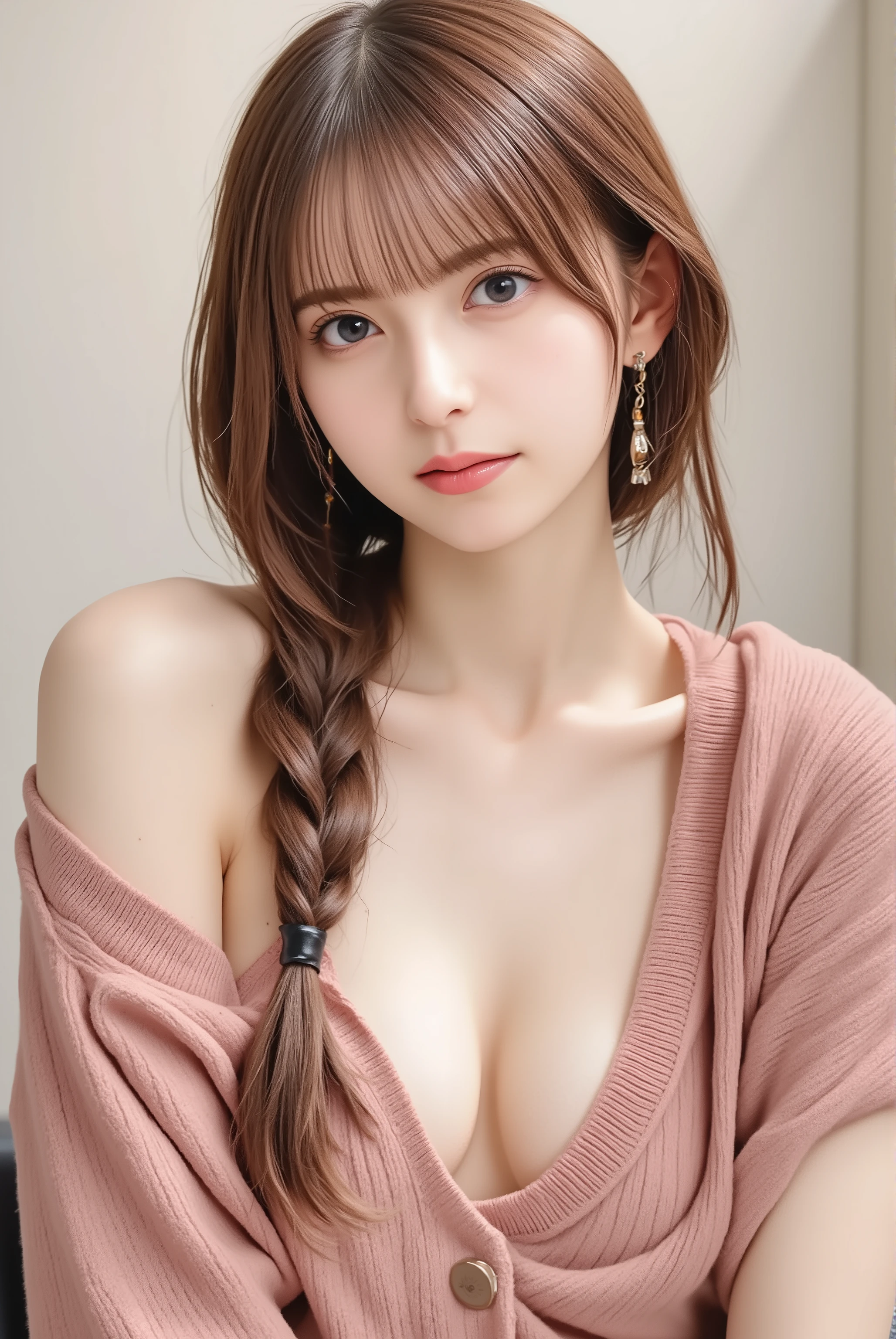 soft polite micro-smile, lips gently closed, tiny mouth-corner lift, slight eye-squint (smiling eyes), relaxed jaw, natural micro-asymmetry,
upper face shot, outfit clearly visible,
showing neckline, shoulders,
sharp focus on clothes and hairstyle
Hasuma_Kanae(Tsumamigui),1girl,solo, brown hair in braided hairstyle, cleavage emphasized, mature charm,