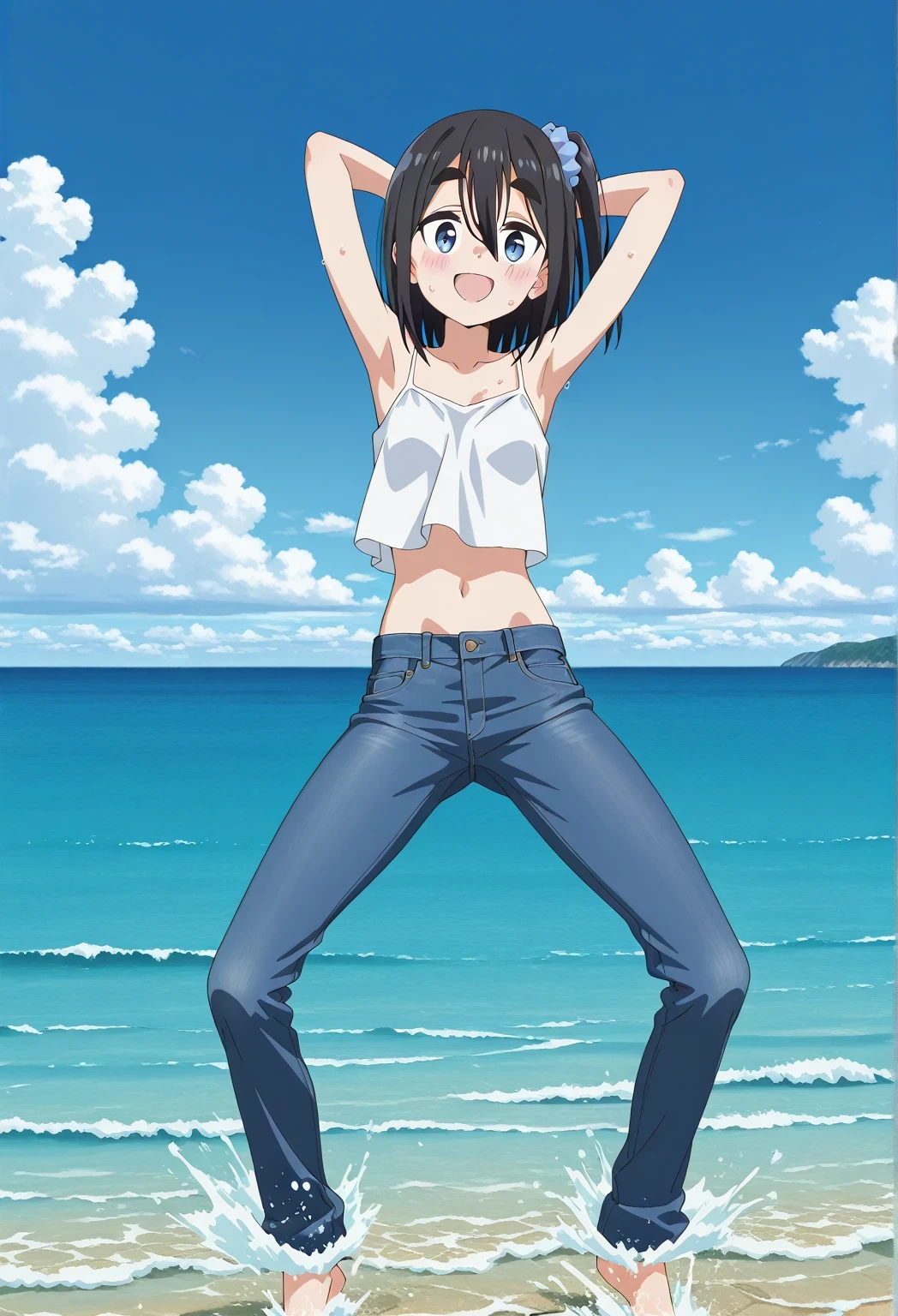 score_9, score_8_up, score_7_up, source_anime, highres, hi res, ((best quality, top quality, perfect quality, Highest Quality, amazing quality)), {{masterpiece}}, {{an extremely delicate and beautiful}}, 2d, intricate details, official style, anime, 8k, anime style, official_anime, official art, digital painting, cell shading, soft shading, high resolution, soothing tones, Subdued Color, Soft cinematic light, adobe lightroom, photolab, HDR, intricately and hyper-detailed, ((high quality animation)), 1 girl, Alone, solo, ((ocean)), tsunami, on the water, day, sunny, outdoors, sky, windy, satsuki amamiya, short hair, blue eyes, black hair, hair ornament, one side up, thick eyebrows, scrunchie, hair scrunchie, blue scrunchie, anime screencap, small breasts, white camisole top, crop top, white crop top, best quality, hyper-detailed jeans, ((blue jeans:1.9)), (dark blue jeans:0.6), full medium body, medium shot, Open mouth, smiling, happy face, blush, sweat, standing, ((arms behind head:6.0)), bowlegged, jumping pose, action, looking at viewer, spread legs, Bend knees slightly, straight-on front view