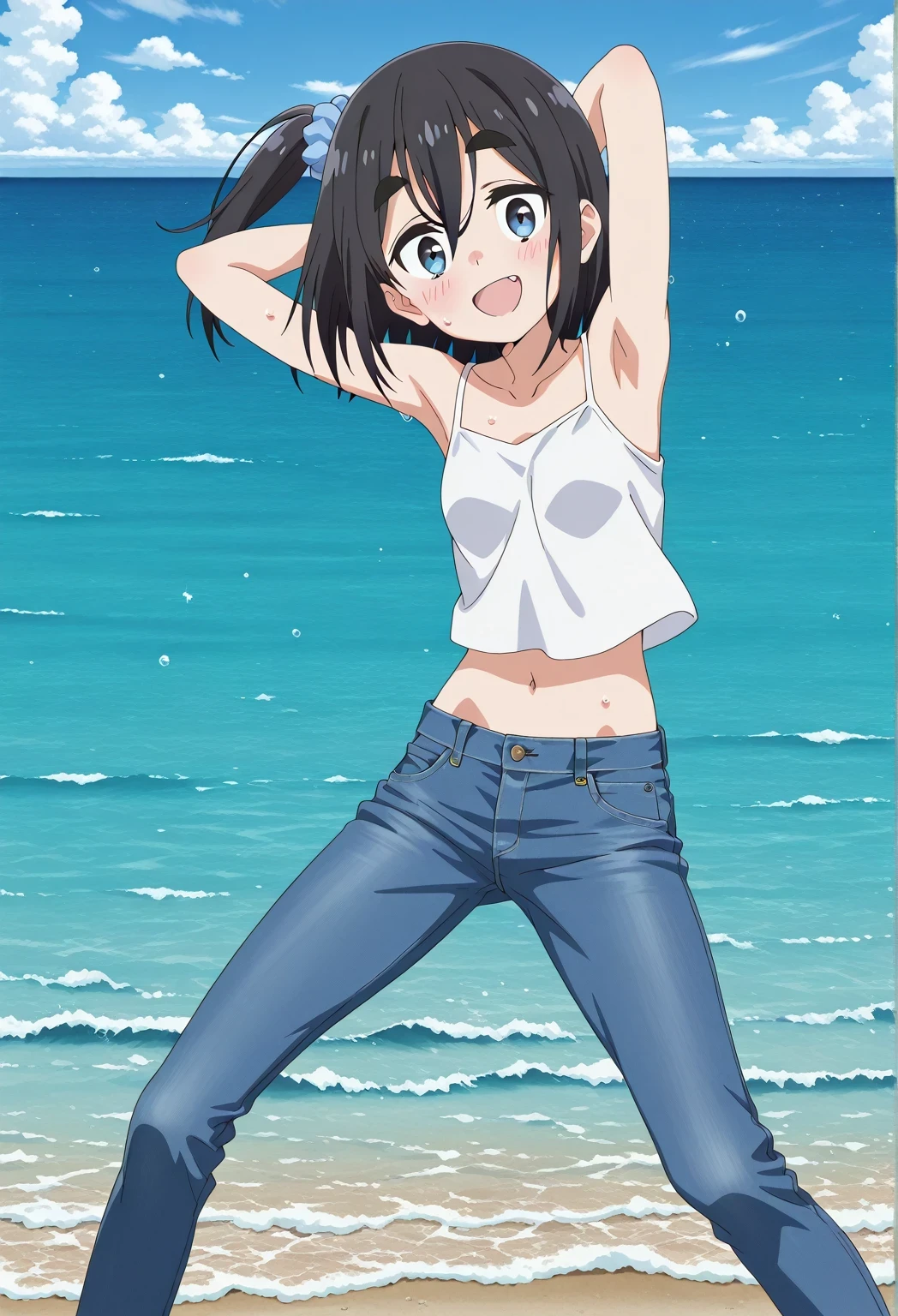 score_9, score_8_up, score_7_up, source_anime, highres, hi res, ((best quality, top quality, perfect quality, Highest Quality, amazing quality)), {{masterpiece}}, {{an extremely delicate and beautiful}}, 2d, intricate details, official style, anime, 8k, anime style, official_anime, official art, digital painting, cell shading, soft shading, high resolution, soothing tones, Subdued Color, Soft cinematic light, adobe lightroom, photolab, HDR, intricately and hyper-detailed, ((high quality animation)), 1 girl, Alone, solo, ((ocean)), tsunami, on the water, day, sunny, outdoors, sky, windy, satsuki amamiya, short hair, blue eyes, black hair, hair ornament, one side up, thick eyebrows, scrunchie, hair scrunchie, blue scrunchie, anime screencap, small breasts, white camisole top, crop top, white crop top, best quality, hyper-detailed jeans, ((blue jeans:1.9)), (dark blue jeans:0.6), full medium body, medium shot, Open mouth, smiling, happy face, blush, sweat, standing, ((arms behind head:6.0)), bowlegged, jumping pose, action, looking at viewer, spread legs, Bend knees slightly, straight-on front view