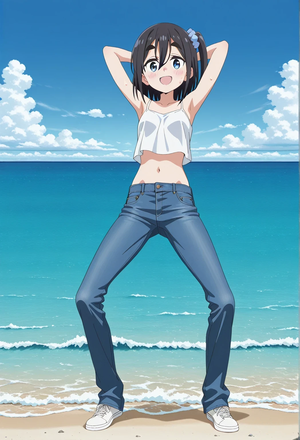 score_9, score_8_up, score_7_up, source_anime, highres, hi res, ((best quality, top quality, perfect quality, Highest Quality, amazing quality)), {{masterpiece}}, {{an extremely delicate and beautiful}}, 2d, intricate details, official style, anime, 8k, anime style, official_anime, official art, digital painting, cell shading, soft shading, high resolution, soothing tones, Subdued Color, Soft cinematic light, adobe lightroom, photolab, HDR, intricately and hyper-detailed, ((high quality animation)), 1 girl, Alone, solo, ((ocean)), tsunami, on the water, day, sunny, outdoors, sky, windy, satsuki amamiya, short hair, blue eyes, black hair, hair ornament, one side up, thick eyebrows, scrunchie, hair scrunchie, blue scrunchie, anime screencap, small breasts, white camisole top, crop top, white crop top, best quality, hyper-detailed jeans, ((blue jeans:1.9)), (dark blue jeans:0.6), full medium body, medium shot, Open mouth, smiling, happy face, blush, sweat, standing, ((arms behind head:6.0)), bowlegged, jumping pose, action, looking at viewer, spread legs, Bend knees slightly, straight-on front view