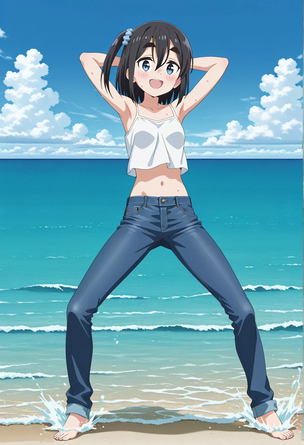 score_9, score_8_up, score_7_up, source_anime, highres, hi res, ((best quality, top quality, perfect quality, Highest Quality, amazing quality)), {{masterpiece}}, {{an extremely delicate and beautiful}}, 2d, intricate details, official style, anime, 8k, anime style, official_anime, official art, digital painting, cell shading, soft shading, high resolution, soothing tones, Subdued Color, Soft cinematic light, adobe lightroom, photolab, HDR, intricately and hyper-detailed, ((high quality animation)), 1 girl, Alone, solo, ((ocean)), tsunami, on the water, day, sunny, outdoors, sky, windy, satsuki amamiya, short hair, blue eyes, black hair, hair ornament, one side up, thick eyebrows, anime screencap, small breasts, white camisole top, crop top, white crop top, best quality, hyper-detailed jeans, ((blue jeans:1.9)), (dark blue jeans:0.6), full medium body, medium shot, Open mouth, smiling, happy face, blush, sweat, standing, ((arms behind head:6.0)), bowlegged, jumping pose, action, looking at viewer, spread legs, Bend knees slightly, straight-on front view
