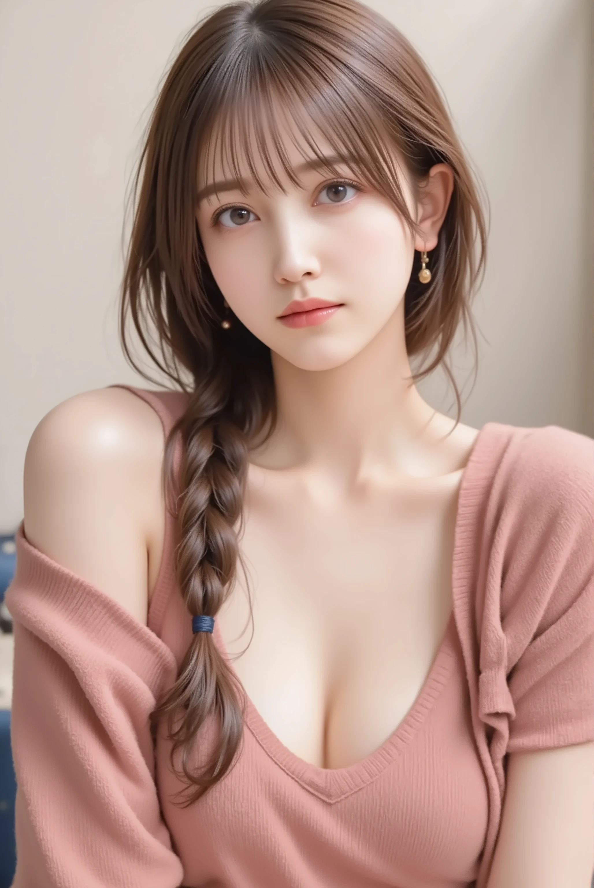 upper face shot, outfit clearly visible,
showing neckline, shoulders,
sharp focus on clothes and hairstyle
Hasuma_Kanae(Tsumamigui),1girl,solo, brown hair in braided hairstyle, cleavage emphasized, mature charm,