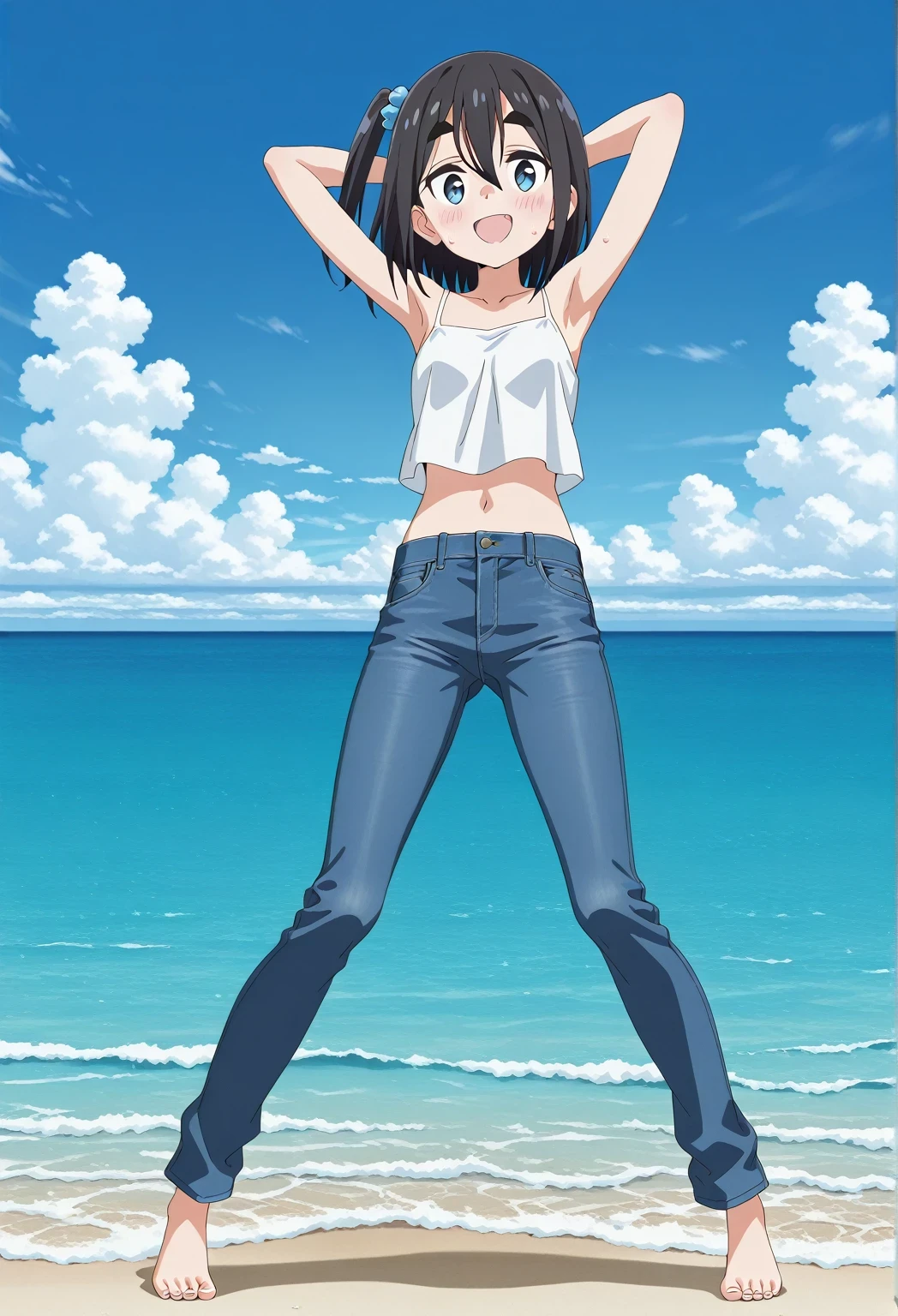 score_9, score_8_up, score_7_up, source_anime, highres, hi res, ((best quality, top quality, perfect quality, Highest Quality, amazing quality)), {{masterpiece}}, {{an extremely delicate and beautiful}}, 2d, intricate details, official style, anime, 8k, anime style, official_anime, official art, digital painting, cell shading, soft shading, high resolution, soothing tones, Subdued Color, Soft cinematic light, adobe lightroom, photolab, HDR, intricately and hyper-detailed, ((high quality animation)), 1 girl, Alone, solo, ((ocean)), tsunami, on the water, day, sunny, outdoors, sky, windy, satsuki amamiya, short hair, blue eyes, black hair, hair ornament, one side up, thick eyebrows, anime screencap, small breasts, white camisole top, crop top, white crop top, best quality, hyper-detailed jeans, ((blue jeans:1.9)), (dark blue jeans:0.6), full medium body, medium shot, Open mouth, smiling, happy face, blush, sweat, standing, ((arms behind head:6.0)), bowlegged, jumping pose, action, looking at viewer, spread legs, Bend knees slightly, straight-on front view