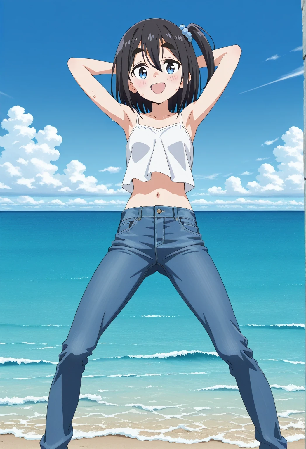 score_9, score_8_up, score_7_up, source_anime, highres, hi res, ((best quality, top quality, perfect quality, Highest Quality, amazing quality)), {{masterpiece}}, {{an extremely delicate and beautiful}}, 2d, intricate details, official style, anime, 8k, anime style, official_anime, official art, digital painting, cell shading, soft shading, high resolution, soothing tones, Subdued Color, Soft cinematic light, adobe lightroom, photolab, HDR, intricately and hyper-detailed, ((high quality animation)), 1 girl, Alone, solo, ((ocean)), tsunami, on the water, day, sunny, outdoors, sky, windy, satsuki amamiya, short hair, blue eyes, black hair, hair ornament, one side up, thick eyebrows, anime screencap, small breasts, white camisole top, crop top, white crop top, best quality, hyper-detailed jeans, ((blue jeans:1.9)), (dark blue jeans:0.6), full medium body, medium shot, Open mouth, smiling, happy face, blush, sweat, standing, ((arms behind head:6.0)), bowlegged, jumping pose, action, looking at viewer, spread legs, Bend knees slightly, straight-on front view