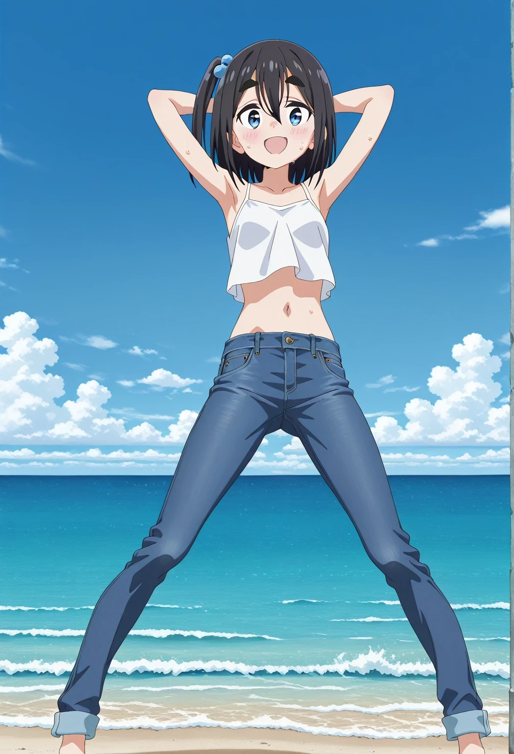 score_9, score_8_up, score_7_up, source_anime, highres, hi res, ((best quality, top quality, perfect quality, Highest Quality, amazing quality)), {{masterpiece}}, {{an extremely delicate and beautiful}}, 2d, intricate details, official style, anime, 8k, anime style, official_anime, official art, digital painting, cell shading, soft shading, high resolution, soothing tones, Subdued Color, Soft cinematic light, adobe lightroom, photolab, HDR, intricately and hyper-detailed, ((high quality animation)), 1 girl, Alone, solo, ((ocean)), tsunami, on the water, day, sunny, outdoors, sky, windy, satsuki amamiya, short hair, blue eyes, black hair, hair ornament, one side up, thick eyebrows, anime screencap, small breasts, white camisole top, crop top, white crop top, best quality, hyper-detailed jeans, ((blue jeans:1.9)), (dark blue jeans:0.6), full medium body, medium shot, Open mouth, smiling, happy face, blush, sweat, standing, ((arms behind head:6.0)), bowlegged, sliding pose, action, looking at viewer, spread legs, Bend knees slightly, straight-on front view