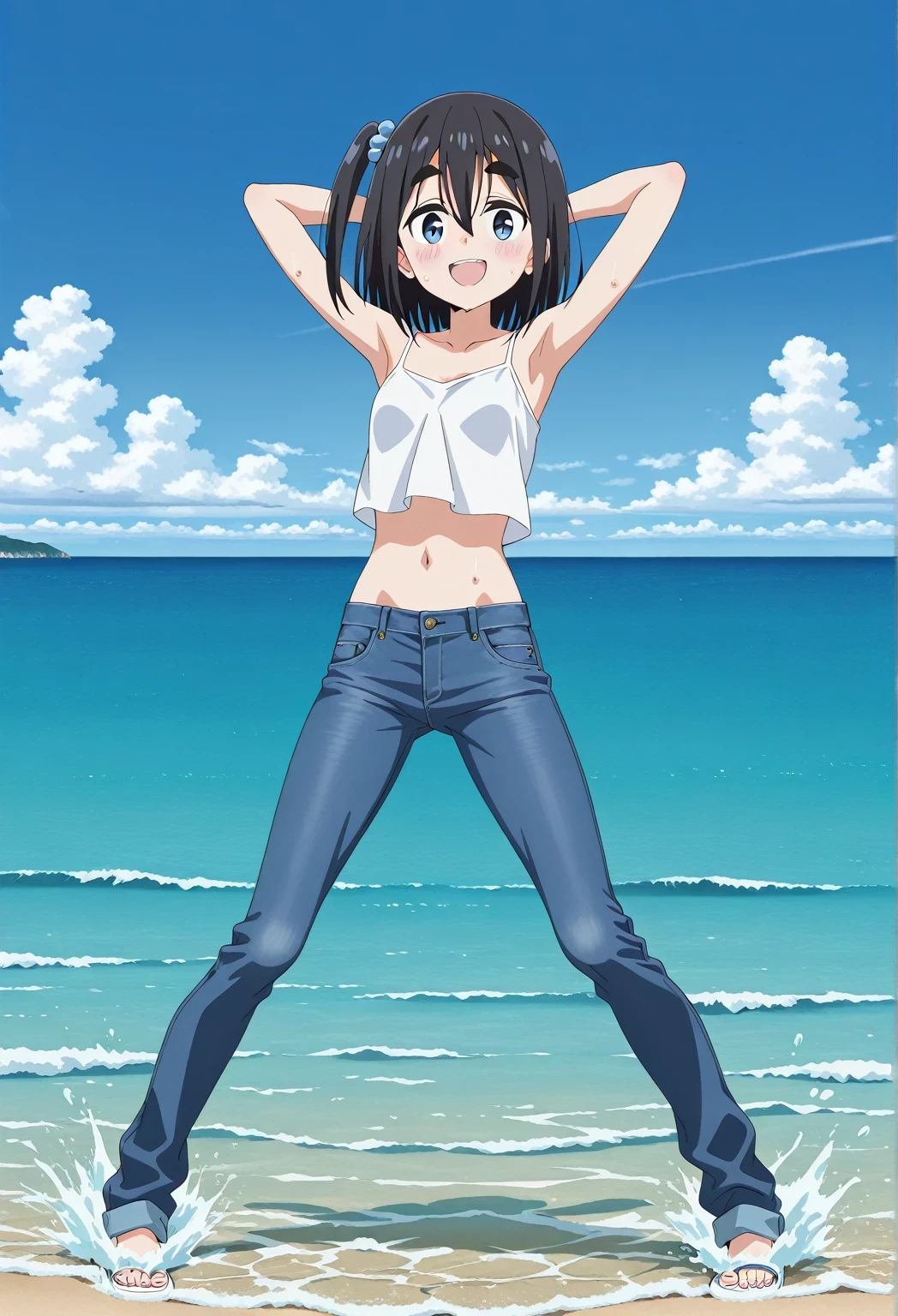 score_9, score_8_up, score_7_up, source_anime, highres, hi res, ((best quality, top quality, perfect quality, Highest Quality, amazing quality)), {{masterpiece}}, {{an extremely delicate and beautiful}}, 2d, intricate details, official style, anime, 8k, anime style, official_anime, official art, digital painting, cell shading, soft shading, high resolution, soothing tones, Subdued Color, Soft cinematic light, adobe lightroom, photolab, HDR, intricately and hyper-detailed, ((high quality animation)), 1 girl, Alone, solo, ((ocean)), tsunami, on the water, day, sunny, outdoors, sky, windy, satsuki amamiya, short hair, blue eyes, black hair, hair ornament, one side up, thick eyebrows, anime screencap, small breasts, white camisole top, crop top, white crop top, best quality, hyper-detailed jeans, ((blue jeans:1.9)), (dark blue jeans:0.6), full medium body, medium shot, Open mouth, smiling, happy face, blush, sweat, standing, ((arms behind head:6.0)), bowlegged, sliding pose, action, looking at viewer, spread legs, Bend knees slightly, straight-on front view