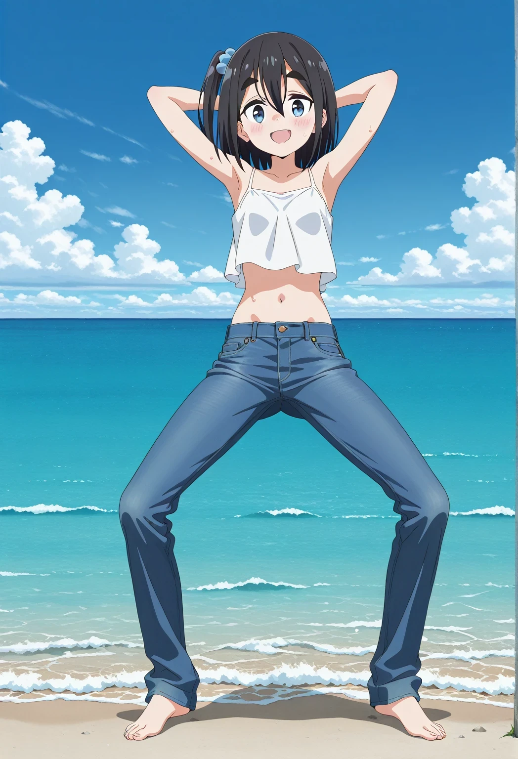 score_9, score_8_up, score_7_up, source_anime, highres, hi res, ((best quality, top quality, perfect quality, Highest Quality, amazing quality)), {{masterpiece}}, {{an extremely delicate and beautiful}}, 2d, intricate details, official style, anime, 8k, anime style, official_anime, official art, digital painting, cell shading, soft shading, high resolution, soothing tones, Subdued Color, Soft cinematic light, adobe lightroom, photolab, HDR, intricately and hyper-detailed, ((high quality animation)), 1 girl, Alone, solo, ((ocean)), tsunami, on the water, day, sunny, outdoors, sky, windy, satsuki amamiya, short hair, blue eyes, black hair, hair ornament, one side up, thick eyebrows, anime screencap, small breasts, white camisole top, crop top, white crop top, best quality, hyper-detailed jeans, ((blue jeans:1.9)), (dark blue jeans:0.6), full medium body, medium shot, Open mouth, smiling, happy face, blush, sweat, standing, ((arms behind head:6.0)), bowlegged, sliding pose, action, looking at viewer, spread legs, Bend knees slightly, straight-on front view