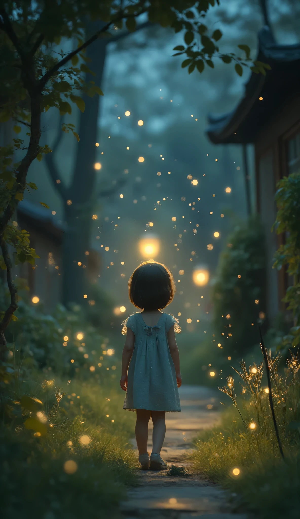 A child reaches up to catch fireflies in a quiet garden at dusk, with distant lanterns glowing behind. The atmosphere is magical and innocent, painted in a dreamlike storybook style. Soft lighting, gentle brush texture, rich colors. Ultra-detailed, 8k, narrative illustration.