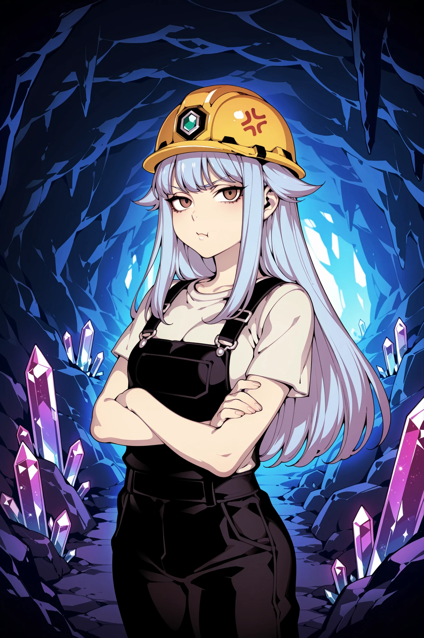 Source_anime, fishine style, 1girl, solo, fancy girl BREAK 

Light blue hair, long hair, hair flaps, brown eyes, small breasts BREAK 

White shirt, short sleeves, black overalls, hard hat BREAK  

Looking at viewer, bored face, frown, closed mouth, standing, crossed arms, pout face, anger vein

Cave interior, Gem,Cryscavemb, crystal, cave, blue interior