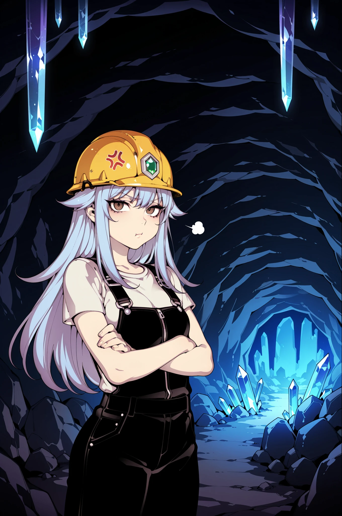 Source_anime, fishine style, 1girl, solo, fancy girl BREAK 

Light blue hair, long hair, hair flaps, brown eyes, small breasts BREAK 

White shirt, short sleeves, black overalls, hard hat BREAK  

Looking at viewer, bored face, frown, closed mouth, standing, crossed arms, pout face, anger vein

Cave interior, Gem,Cryscavemb, crystal, cave, blue interior