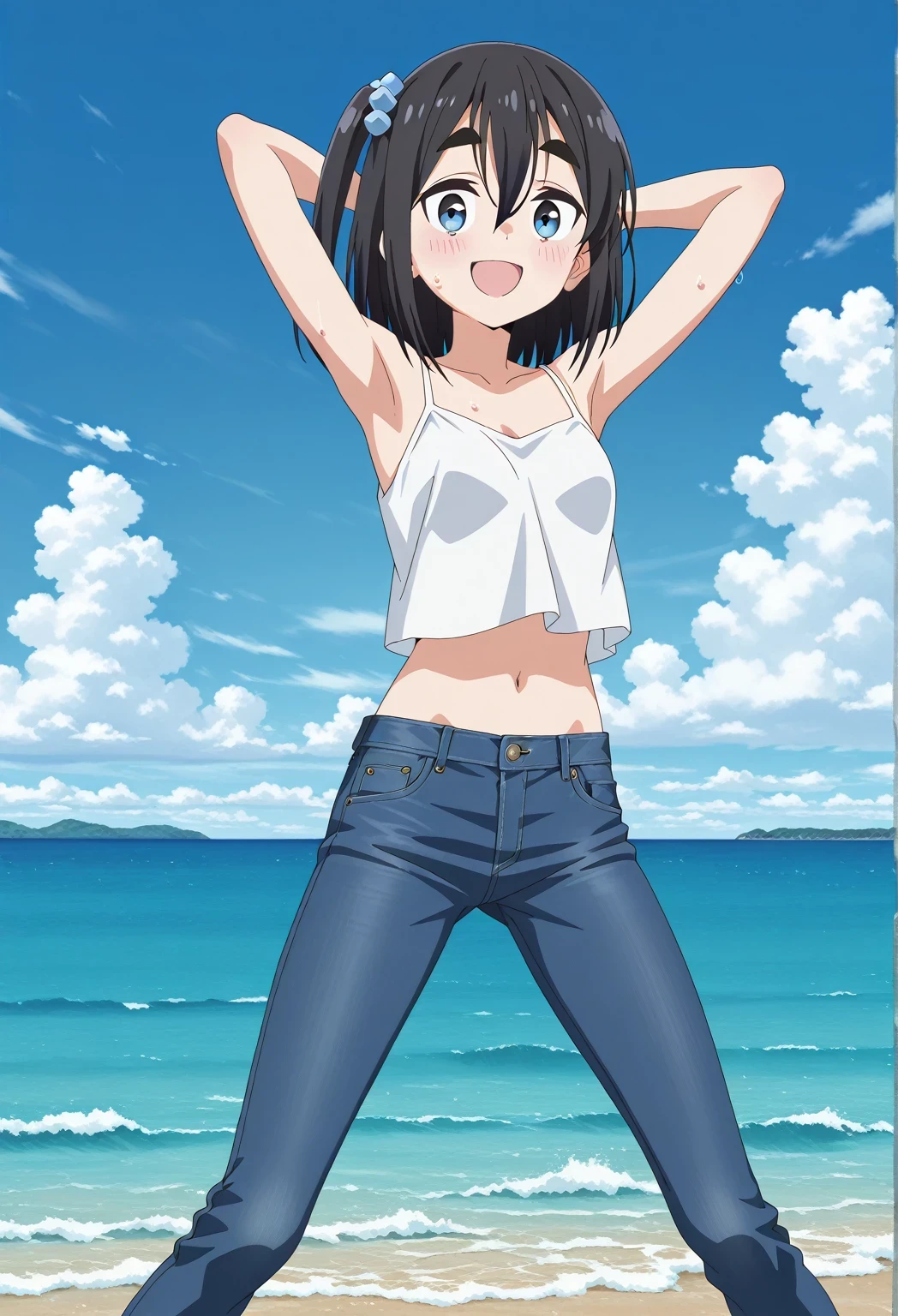 score_9, score_8_up, score_7_up, source_anime, highres, hi res, ((best quality, top quality, perfect quality, Highest Quality, amazing quality)), {{masterpiece}}, {{an extremely delicate and beautiful}}, 2d, intricate details, official style, anime, 8k, anime style, official_anime, official art, digital painting, cell shading, soft shading, high resolution, soothing tones, Subdued Color, Soft cinematic light, adobe lightroom, photolab, HDR, intricately and hyper-detailed, ((high quality animation)), 1 girl, Alone, solo, ((ocean)), tsunami, on the water, day, sunny, outdoors, sky, windy, satsuki amamiya, short hair, blue eyes, black hair, hair ornament, one side up, thick eyebrows, anime screencap, small breasts, white camisole top, crop top, white crop top, best quality, hyper-detailed jeans, ((blue jeans:1.9)), (dark blue jeans:0.6), cowboy shot, Open mouth, smiling, happy face, blush, sweat, standing, ((arms behind head:6.0)), bowlegged, sliding pose, action, looking at viewer, spread legs, Bend knees slightly, straight-on front view
