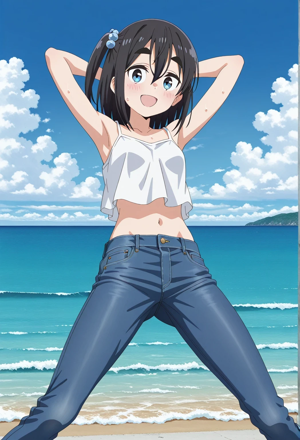 score_9, score_8_up, score_7_up, source_anime, highres, hi res, ((best quality, top quality, perfect quality, Highest Quality, amazing quality)), {{masterpiece}}, {{an extremely delicate and beautiful}}, 2d, intricate details, official style, anime, 8k, anime style, official_anime, official art, digital painting, cell shading, soft shading, high resolution, soothing tones, Subdued Color, Soft cinematic light, adobe lightroom, photolab, HDR, intricately and hyper-detailed, ((high quality animation)), 1 girl, Alone, solo, ((ocean)), tsunami, on the water, day, sunny, outdoors, sky, windy, satsuki amamiya, short hair, blue eyes, black hair, hair ornament, one side up, thick eyebrows, anime screencap, small breasts, white camisole top, crop top, white crop top, best quality, hyper-detailed jeans, ((blue jeans:1.9)), (dark blue jeans:0.6), cowboy shot, Open mouth, smiling, happy face, blush, sweat, standing, ((arms behind head:6.0)), bowlegged, sliding pose, action, looking at viewer, spread legs, Bend knees slightly, straight-on front view