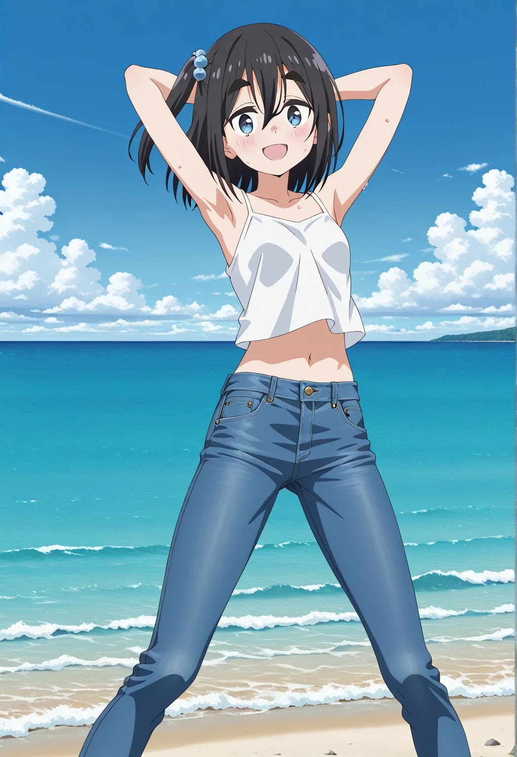 score_9, score_8_up, score_7_up, source_anime, highres, hi res, ((best quality, top quality, perfect quality, Highest Quality, amazing quality)), {{masterpiece}}, {{an extremely delicate and beautiful}}, 2d, intricate details, official style, anime, 8k, anime style, official_anime, official art, digital painting, cell shading, soft shading, high resolution, soothing tones, Subdued Color, Soft cinematic light, adobe lightroom, photolab, HDR, intricately and hyper-detailed, ((high quality animation)), 1 girl, Alone, solo, ((ocean)), tsunami, on the water, day, sunny, outdoors, sky, windy, satsuki amamiya, short hair, blue eyes, black hair, hair ornament, one side up, thick eyebrows, anime screencap, small breasts, white camisole top, crop top, white crop top, best quality, hyper-detailed jeans, ((blue jeans:1.9)), (dark blue jeans:0.6), cowboy shot, Open mouth, smiling, happy face, blush, sweat, standing, ((arms behind head:6.0)), bowlegged, sliding pose, action, looking at viewer, spread legs, Bend knees slightly, straight-on front view
