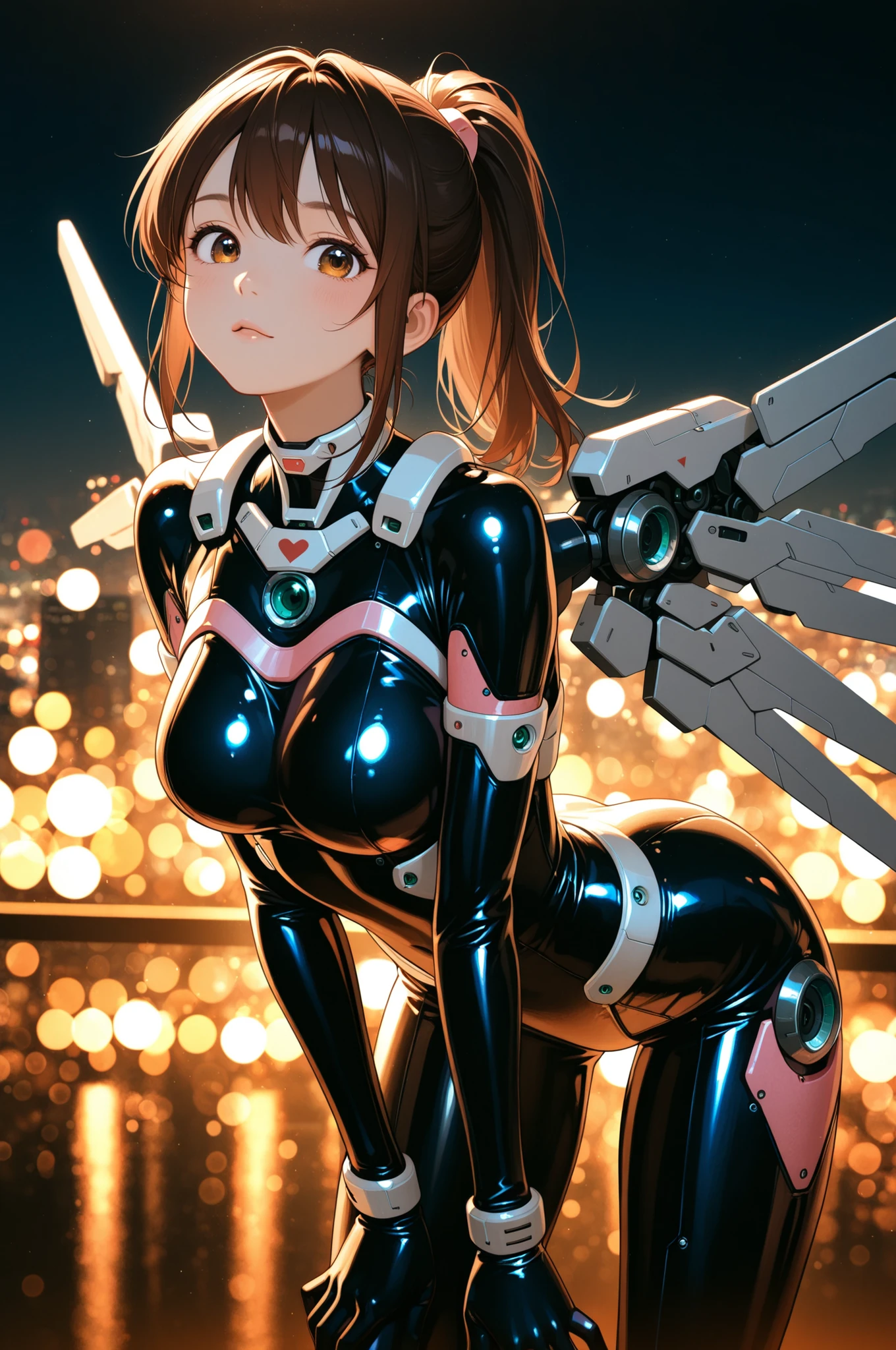 Anime Beautiful Girl, brown hair, ponytail, latex costume, Cybersuit,Mecha Armor, mechanical wing parts, Cyber Lighting, put your hands forward, Lean forward, Cyber Neon City, EXQUISITE AND REALISTIC、Soft Lighting、Warm Colors、Beautiful bokeh、4K rendering