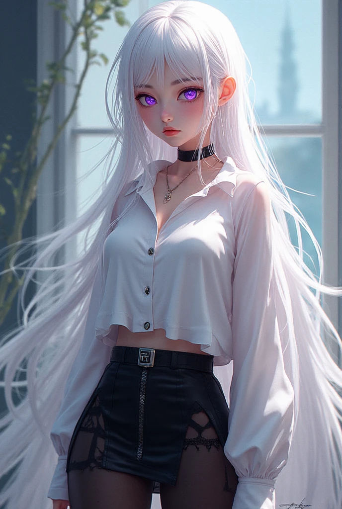 realistic, 1girl, white hair, purple eyes, glowing eyes, crop top, skirt, parted lips, blush, night, flowers, sun, sunlight,