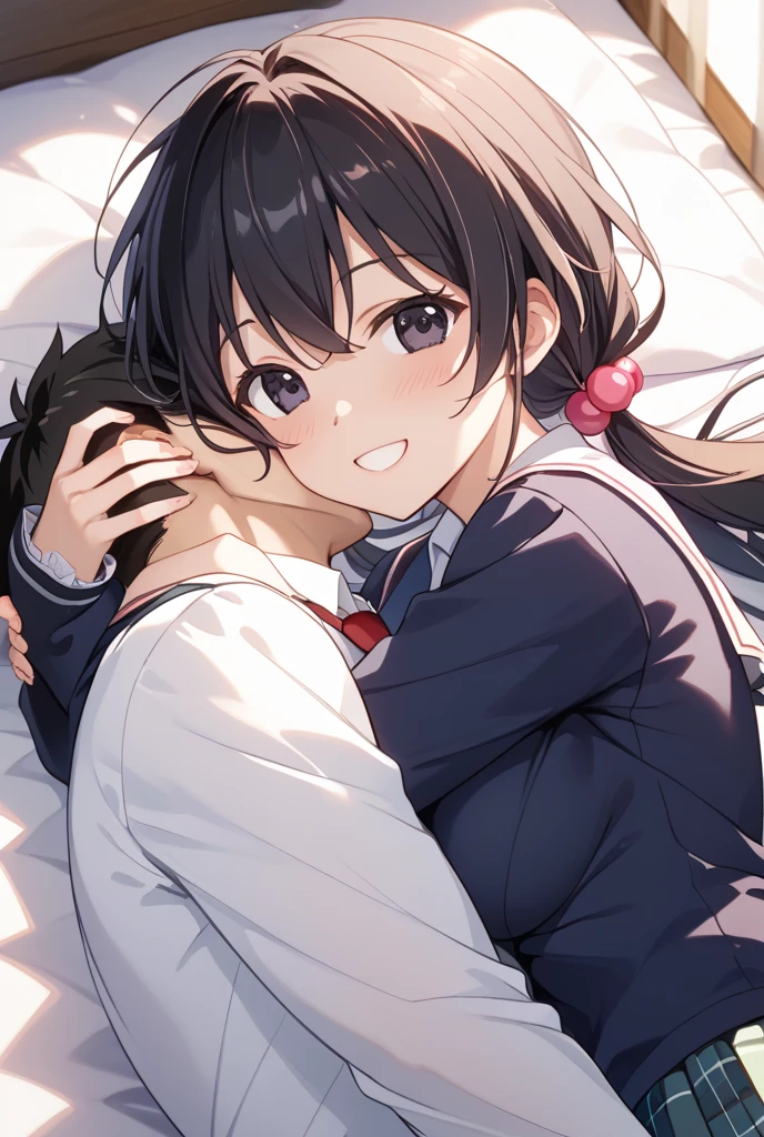1boy, buzzcut, school uniform, face to face, cheek kissing, 1girl, mitsuha miyamizu, open mouth, black hair, short hair, blush, brown eyes, collared shirt, white long sleeve, unbuttoned shirt, ,off shoulders, light pink , , medium , buzzcut boy hug girl ,  hug, indoors, night, passionate hug, lie on bed