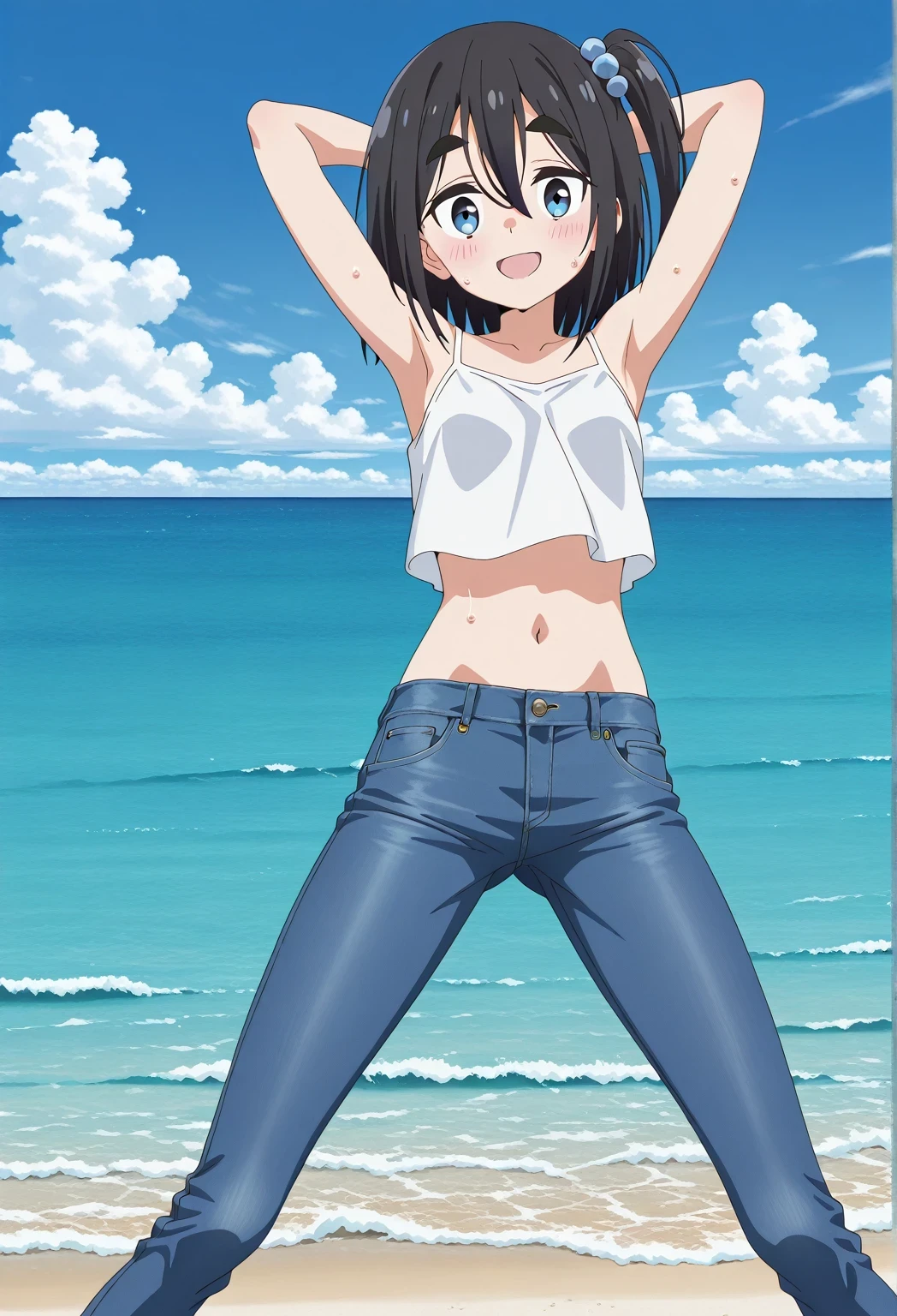 score_9, score_8_up, score_7_up, source_anime, highres, hi res, ((best quality, top quality, perfect quality, Highest Quality, amazing quality)), {{masterpiece}}, {{an extremely delicate and beautiful}}, 2d, intricate details, official style, anime, 8k, anime style, official_anime, official art, digital painting, cell shading, soft shading, high resolution, soothing tones, Subdued Color, Soft cinematic light, adobe lightroom, photolab, HDR, intricately and hyper-detailed, ((high quality animation)), 1 girl, Alone, solo, ((ocean)), tsunami, on the water, day, sunny, outdoors, sky, windy, satsuki amamiya, short hair, blue eyes, black hair, hair ornament, one side up, thick eyebrows, anime screencap, small breasts, white camisole top, crop top, white crop top, best quality, hyper-detailed jeans, ((blue jeans:1.9)), (dark blue jeans:0.6), cowboy shot, Open mouth, smiling, happy face, blush, sweat, standing, ((arms behind head:6.0)), bowlegged, sliding pose, action, looking at viewer, spread legs, Bend knees slightly, straight-on front view
