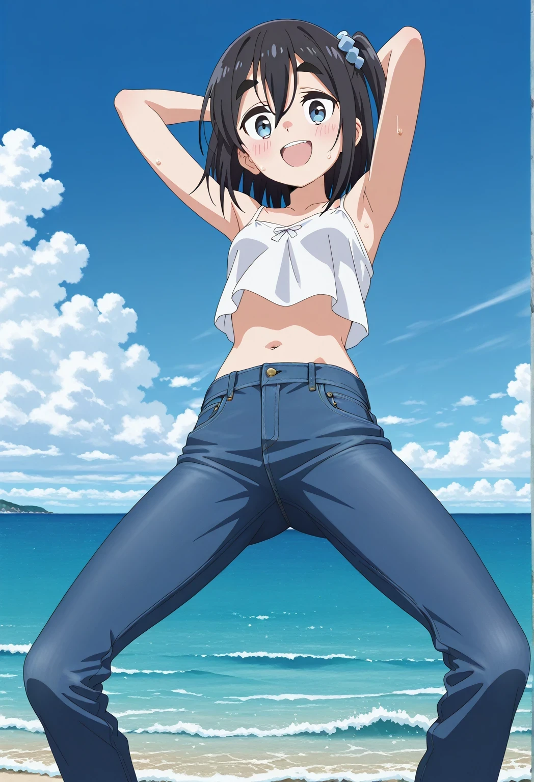 score_9, score_8_up, score_7_up, source_anime, highres, hi res, ((best quality, top quality, perfect quality, Highest Quality, amazing quality)), {{masterpiece}}, {{an extremely delicate and beautiful}}, 2d, intricate details, official style, anime, 8k, anime style, official_anime, official art, digital painting, cell shading, soft shading, high resolution, soothing tones, Subdued Color, Soft cinematic light, adobe lightroom, photolab, HDR, intricately and hyper-detailed, ((high quality animation)), 1 girl, Alone, solo, ((ocean)), tsunami, on the water, day, sunny, outdoors, sky, windy, satsuki amamiya, short hair, blue eyes, black hair, hair ornament, one side up, thick eyebrows, anime screencap, small breasts, white camisole top, crop top, white crop top, best quality, hyper-detailed jeans, ((blue jeans:1.9)), (dark blue jeans:0.6), cowboy shot, Open mouth, smiling, happy face, blush, sweat, standing, ((arms behind head:6.0)), bowlegged, jumping pose, action, looking at viewer, spread legs, Bend knees slightly, straight-on front view