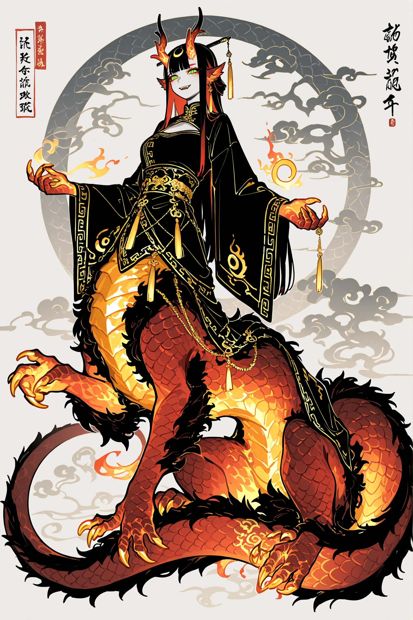 (dragon taur, centauroid, monster girl,) Girl is golden-red dragon Lúng ,she is hybrid of Eastern dragon. She has a sporty feminine bodybuilding. Her face has asian features. She has green jade narrow eyes. She has a pale skin covered with golden-red scales. Her scaly dragon paws has long golden crescent-shaped claws. She has gold fire tattoos on her face.  Her lips red, she has a gold sharp fangs. She has eyebrows with long tassels. She has jet-black straight hair with red highlights, high traditional Chinese hairstyle.  She has four golden branched dragon horns. She has long pointy red fluffy dragon ears. She has a  immensely long mighty scaly  red dragon tail with black mane along the spine and black fluffy tassel on tip of her tail.  She's wearing a black Chinese traditional robe-dress. She she's barefoot. She holding big scaly dragon egg. (On the background: Chinese temple.)