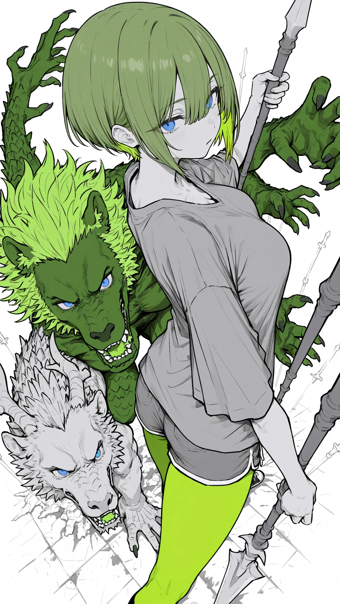 1girl, High School Girls Fighting, big boobs、blue eyes, green hair, very short hair, short hair, All Back, , Large breasts, troubled expression、Throw a spear on your shoulder, Spear, (Casual clothes), dynamic pose, perspective, extreme landing, (bright color, graphite \(middle\), gradation by JM, Line art:1.3), dear vocalist style, by suou
