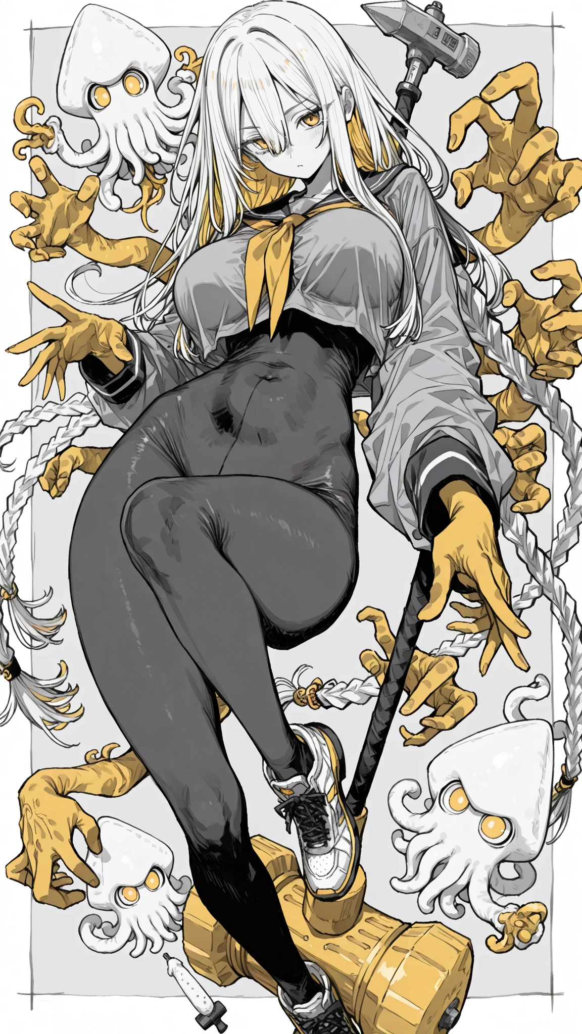 1girl, High School Girl Fighting Dragons, big boobs、golden eyes, 赤い髪, very long hair, Braided Long Hair, hair between eyes, long side lock, Large breasts, Squid expression、putting a hammer on your shoulder, Daikon Gavel , (tight clothes), dynamic pose, perspective, extreme jump, (bright color, graphite \(middle\), gradation by JM, Line art:1.3), dear vocalist style, by suou