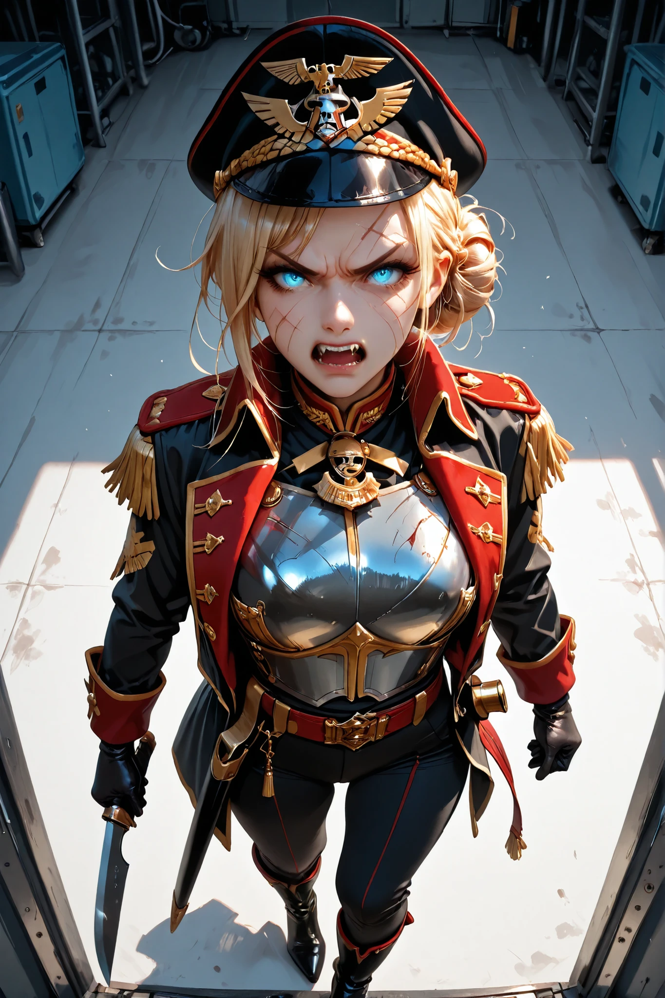 UHD, masterpiece, anatomically correct, super detail, best quality, high-res, 16k, solo, 1girl, blond hair messy bun, commissar cap, icy blue eyes, long eyelashes, little make up, fangs, angry, scars, commissar jacket, large golden medal, breastplate, pants, high heel boots with blade as heel, gloves, rich sheath with knife on belt, training base background, from above view