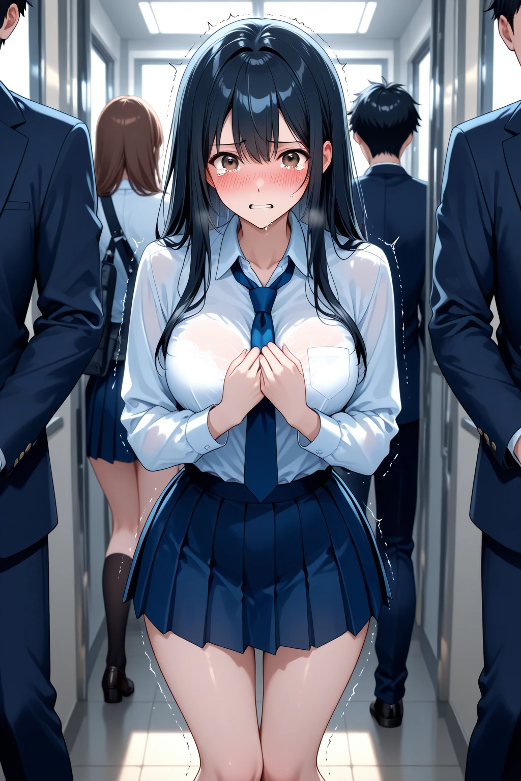 Long Hair,thin,classroom,18-year-old,Black Hair,Blue Ribbon,制服holding on to the railing of the train,(looking away:1.4), (train interior:1.3),(crowded train:1.3),(white shirts:1.5),(Her  are being fondled  by a boy:1.5) ,alternate  size,  grab, , deep skin, grabbing, (a boy,grabbing :1.5), (frown:1.2), (embarrassed,blush:1.2),(Stunned face of despair:1.1),sweat,,(:1.3),( :1.3), ,,1girl, 2boys, , clothed female  male, (:1.5), (:1.3), hetero, manly, mmf , (multiple boys:1.2), , , ,(1boy,, :1.3),(:1.4),hetero,(standing :1.6), standing upright, ,( inserted in :1.3),(pubic hair:1.3),( peek:1.3),girl lying on one's back,, ,(covering own hand over own mouth and endures  :1.1),trembling, twitching,(nose blush :1.3),serious, (angry:0.7), neat,(blush:1.2) ,( in :1.5),