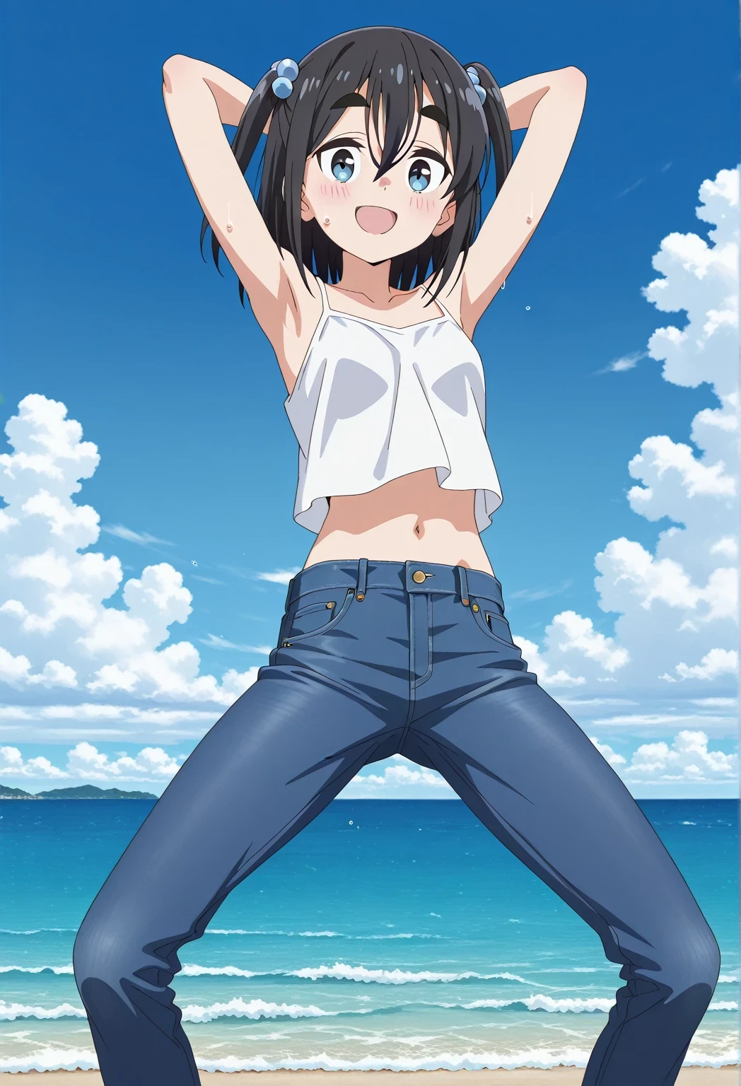 score_9, score_8_up, score_7_up, source_anime, highres, hi res, ((best quality, top quality, perfect quality, Highest Quality, amazing quality)), {{masterpiece}}, {{an extremely delicate and beautiful}}, 2d, intricate details, official style, anime, 8k, anime style, official_anime, official art, digital painting, cell shading, soft shading, high resolution, soothing tones, Subdued Color, Soft cinematic light, adobe lightroom, photolab, HDR, intricately and hyper-detailed, ((high quality animation)), 1 girl, Alone, solo, ((ocean)), tsunami, on the water, day, sunny, outdoors, sky, windy, satsuki amamiya, short hair, blue eyes, black hair, hair ornament, one side up, thick eyebrows, anime screencap, small breasts, white camisole top, crop top, white crop top, best quality, hyper-detailed jeans, ((blue jeans:1.9)), (dark blue jeans:0.6), cowboy shot, Open mouth, smiling, happy face, blush, sweat, standing, ((arms behind head:6.0)), bowlegged, sliding pose, action, looking at viewer, spread legs, Bend knees slightly, straight-on front view