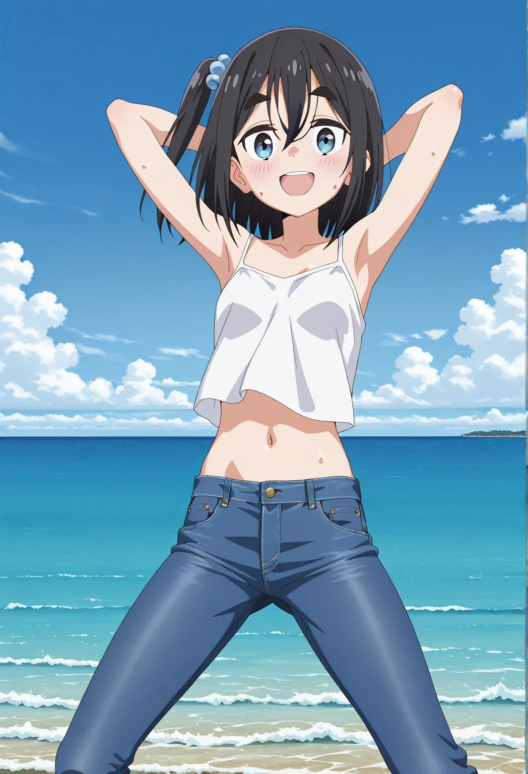score_9, score_8_up, score_7_up, source_anime, highres, hi res, ((best quality, top quality, perfect quality, Highest Quality, amazing quality)), {{masterpiece}}, {{an extremely delicate and beautiful}}, 2d, intricate details, official style, anime, 8k, anime style, official_anime, official art, digital painting, cell shading, soft shading, high resolution, soothing tones, Subdued Color, Soft cinematic light, adobe lightroom, photolab, HDR, intricately and hyper-detailed, ((high quality animation)), 1 girl, Alone, solo, ((ocean)), tsunami, on the water, day, sunny, outdoors, sky, windy, satsuki amamiya, short hair, blue eyes, black hair, hair ornament, one side up, thick eyebrows, anime screencap, small breasts, white camisole top, crop top, white crop top, best quality, hyper-detailed jeans, ((blue jeans:1.9)), (dark blue jeans:0.6), cowboy shot, Open mouth, smiling, happy face, blush, sweat, standing, ((arms behind head:6.0)), bowlegged, jumping pose, action, looking at viewer, spread legs, Bend knees slightly, straight-on front view