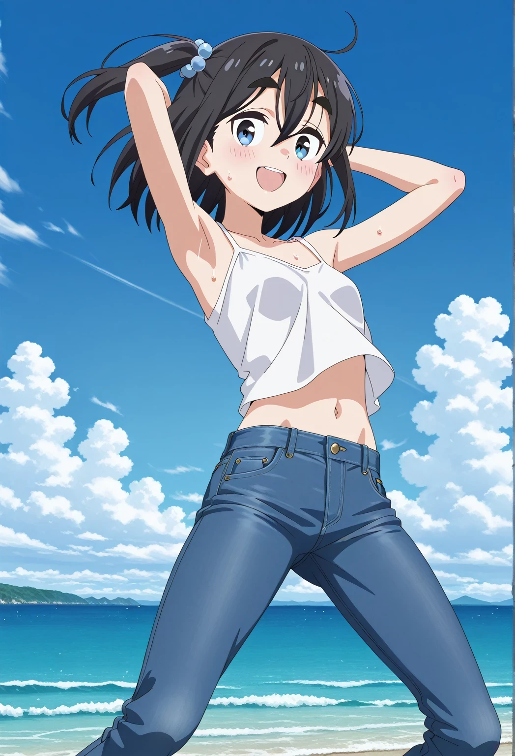 score_9, score_8_up, score_7_up, source_anime, highres, hi res, ((best quality, top quality, perfect quality, Highest Quality, amazing quality)), {{masterpiece}}, {{an extremely delicate and beautiful}}, 2d, intricate details, official style, anime, 8k, anime style, official_anime, official art, digital painting, cell shading, soft shading, high resolution, soothing tones, Subdued Color, Soft cinematic light, adobe lightroom, photolab, HDR, intricately and hyper-detailed, ((high quality animation)), 1 girl, Alone, solo, ((ocean)), tsunami, on the water, day, sunny, outdoors, sky, windy, satsuki amamiya, short hair, blue eyes, black hair, hair ornament, one side up, thick eyebrows, anime screencap, small breasts, white camisole top, crop top, white crop top, best quality, hyper-detailed jeans, ((blue jeans:1.9)), (dark blue jeans:0.6), cowboy shot, Open mouth, smiling, happy face, blush, sweat, standing, ((arms behind head:6.0)), bowlegged, jumping pose, action, looking at viewer, spread legs, Bend knees slightly, straight-on front view