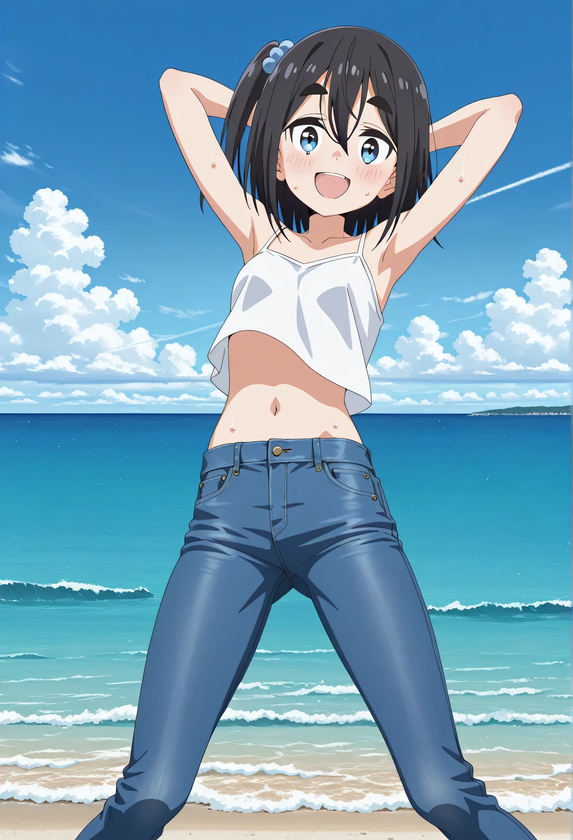 score_9, score_8_up, score_7_up, source_anime, highres, hi res, ((best quality, top quality, perfect quality, Highest Quality, amazing quality)), {{masterpiece}}, {{an extremely delicate and beautiful}}, 2d, intricate details, official style, anime, 8k, anime style, official_anime, official art, digital painting, cell shading, soft shading, high resolution, soothing tones, Subdued Color, Soft cinematic light, adobe lightroom, photolab, HDR, intricately and hyper-detailed, ((high quality animation)), 1 girl, Alone, solo, ((ocean)), tsunami, on the water, day, sunny, outdoors, sky, windy, satsuki amamiya, short hair, blue eyes, black hair, hair ornament, one side up, thick eyebrows, anime screencap, small breasts, white camisole top, crop top, white crop top, best quality, hyper-detailed jeans, ((blue jeans:1.9)), (dark blue jeans:0.6), cowboy shot, Open mouth, smiling, happy face, blush, sweat, standing, ((arms behind head:6.0)), bowlegged, jumping pose, action, looking at viewer, spread legs, Bend knees slightly, straight-on front view
