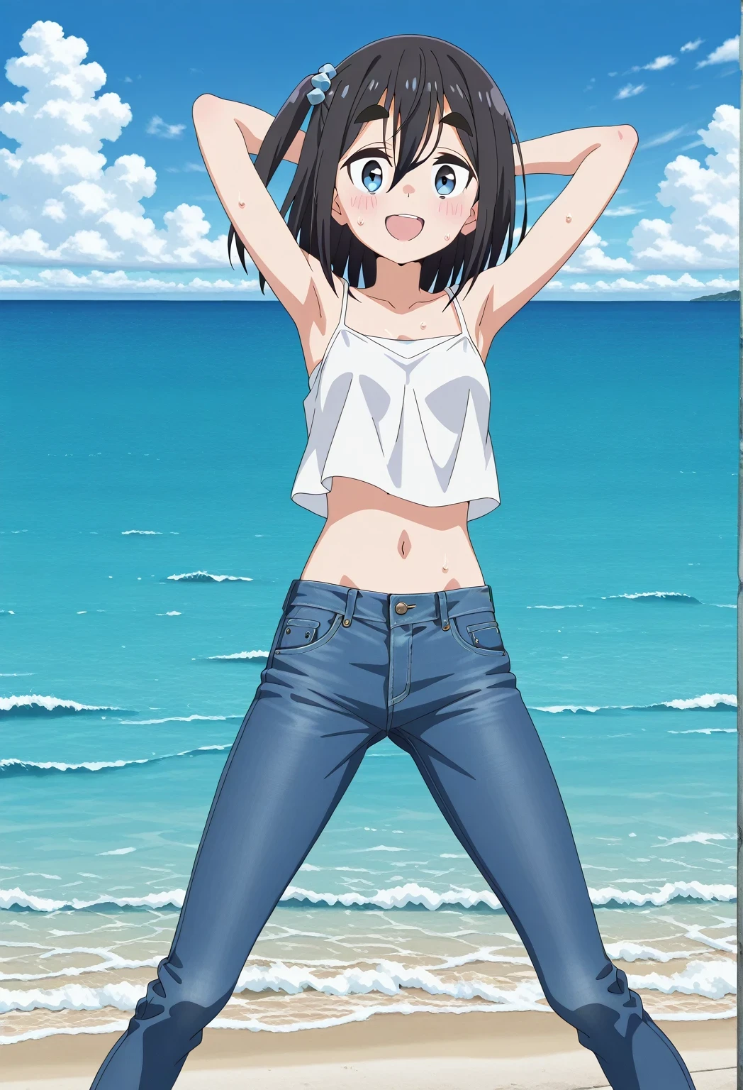 score_9, score_8_up, score_7_up, source_anime, highres, hi res, ((best quality, top quality, perfect quality, Highest Quality, amazing quality)), {{masterpiece}}, {{an extremely delicate and beautiful}}, 2d, intricate details, official style, anime, 8k, anime style, official_anime, official art, digital painting, cell shading, soft shading, high resolution, soothing tones, Subdued Color, Soft cinematic light, adobe lightroom, photolab, HDR, intricately and hyper-detailed, ((high quality animation)), 1 girl, Alone, solo, ((ocean)), tsunami, on the water, day, sunny, outdoors, sky, windy, satsuki amamiya, short hair, blue eyes, black hair, hair ornament, one side up, thick eyebrows, anime screencap, small breasts, white camisole top, crop top, white crop top, best quality, hyper-detailed jeans, ((blue jeans:1.9)), (dark blue jeans:0.6), cowboy shot, Open mouth, smiling, happy face, blush, sweat, standing, ((arms behind head:6.0)), bowlegged, jumping pose, action, looking at viewer, spread legs, Bend knees slightly, straight-on front view