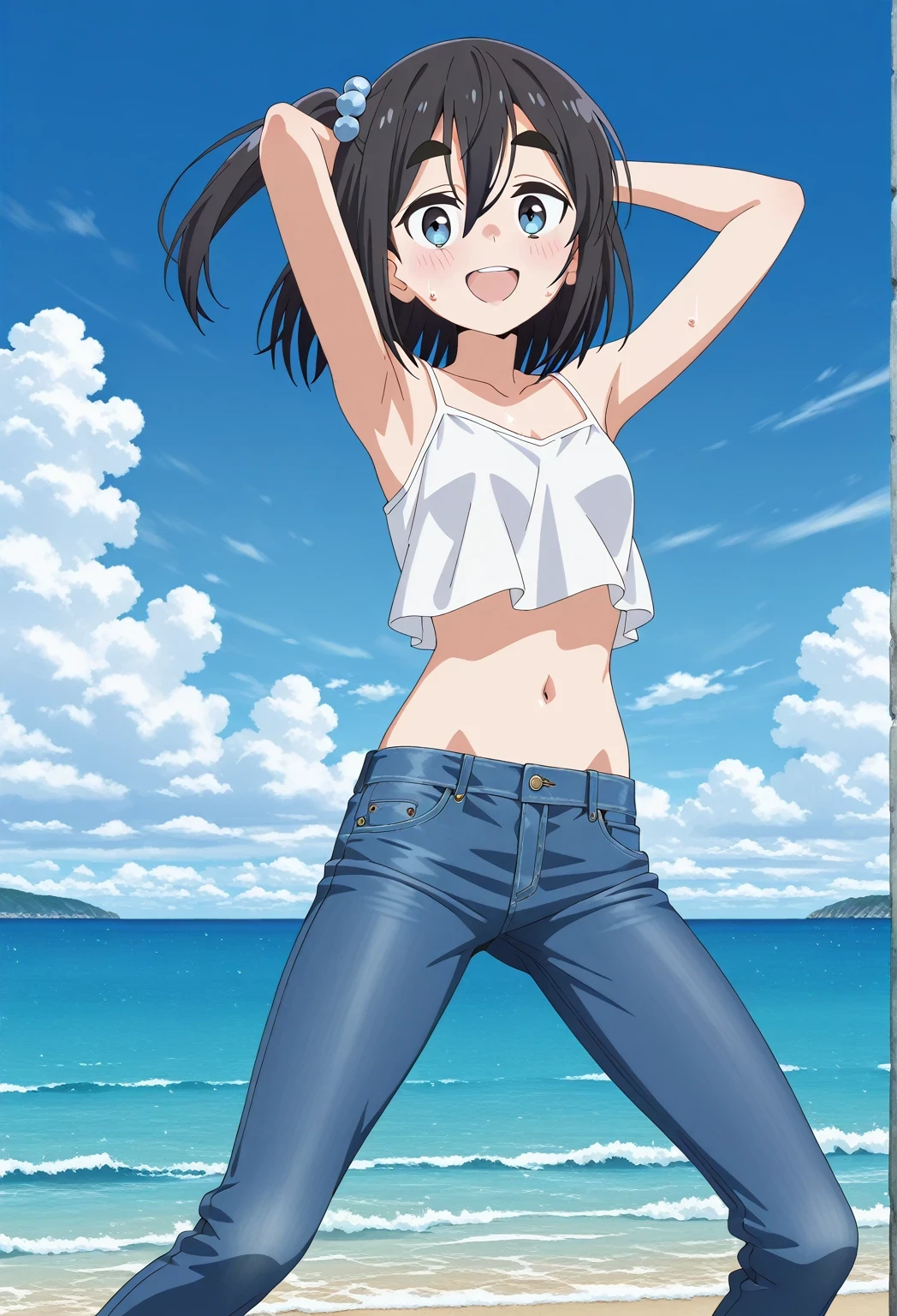 score_9, score_8_up, score_7_up, source_anime, highres, hi res, ((best quality, top quality, perfect quality, Highest Quality, amazing quality)), {{masterpiece}}, {{an extremely delicate and beautiful}}, 2d, intricate details, official style, anime, 8k, anime style, official_anime, official art, digital painting, cell shading, soft shading, high resolution, soothing tones, Subdued Color, Soft cinematic light, adobe lightroom, photolab, HDR, intricately and hyper-detailed, ((high quality animation)), 1 girl, Alone, solo, ((ocean)), tsunami, on the water, day, sunny, outdoors, sky, windy, satsuki amamiya, short hair, blue eyes, black hair, hair ornament, one side up, thick eyebrows, anime screencap, small breasts, white camisole top, crop top, white crop top, best quality, hyper-detailed jeans, ((blue jeans:1.9)), (dark blue jeans:0.6), cowboy shot, Open mouth, smiling, happy face, blush, sweat, standing, ((arms behind head:6.0)), bowlegged, sliding pose, action, looking at viewer, spread legs, Bend knees slightly, straight-on front view