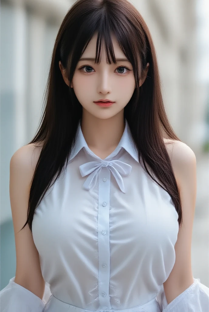 Heart-shaped pupil，(SFW), (masutepiece:1.2), Best Quality, masutepiece, hight resolution, Original, highly detailed wallpaper, (Ultra-detailed), (Best Illustration), (Best Shadow), (Kobeni), huge ??? , perky ??????, (White collared shirt), (blood stain:1.1), (terrorism:1.2), (black necktie), (Shirt stains), (Stained), girl with, Looking at Viewer, (Scared:1.2), (Tears:1.1), (Brown eyes), (piece sign),Tongue out, tongue, Heart-shaped pupil,Provocative eyes