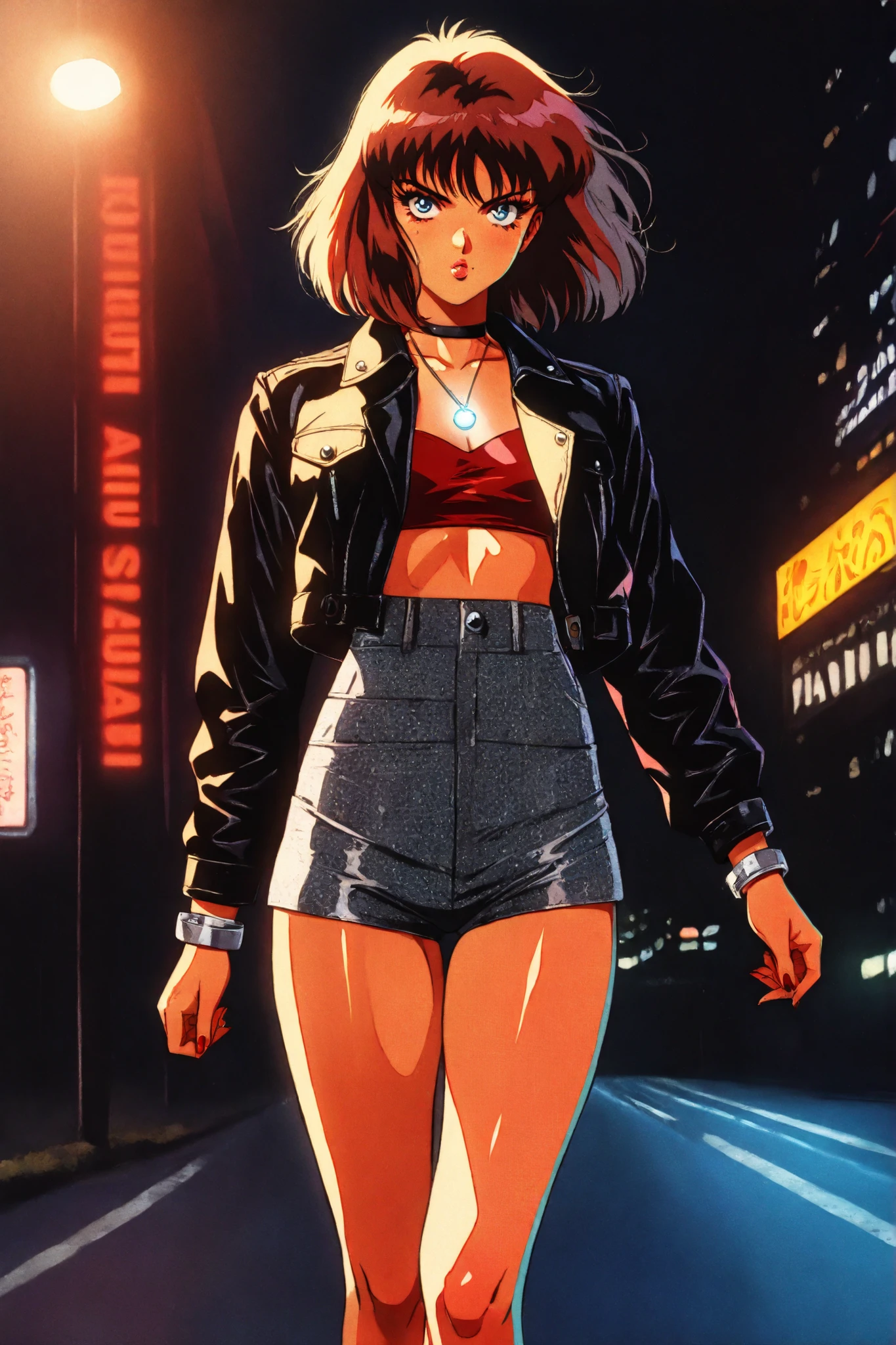 retro anime, classic anime, manga, vintage, flat colors, bold lines, matte, faded colors, retro (artistic, evocative, stylish, dramatic). Very close view, masterpiece, best quality, highres, Hayase Misa, red short hair, expressive eyes, 1girl, solo, 1980s (style), retro artstyle, cowboy shot, glossy leather mini-jacket, cropped halter top, high-waisted mini shorts, sheer mesh overlay skirt, platform heels, futoshi slim, neon club lighting, looking at viewer, masterpiece, best quality, highres, pouty gloss lips, oiled legs, thick thighs, silver cuffs, stylish street fashion, glowing neon necklace, nightlife scene, dark eyeliner, bold accessories, ((Best resolution)), ((high quality:1.2)), Work of art, 8k, extremely detailed, (HotLexi woman), Solo, 24 year old Gyaru Japanese female, (beautiful perfect face:1.23), Kizi, (eyes looking off to side), highly detailed, amazing work, vitreous luster, blues, yellows, shiny fabric, sexy confident pose, dynamic pose, heavy blushing, dramatic background lighting