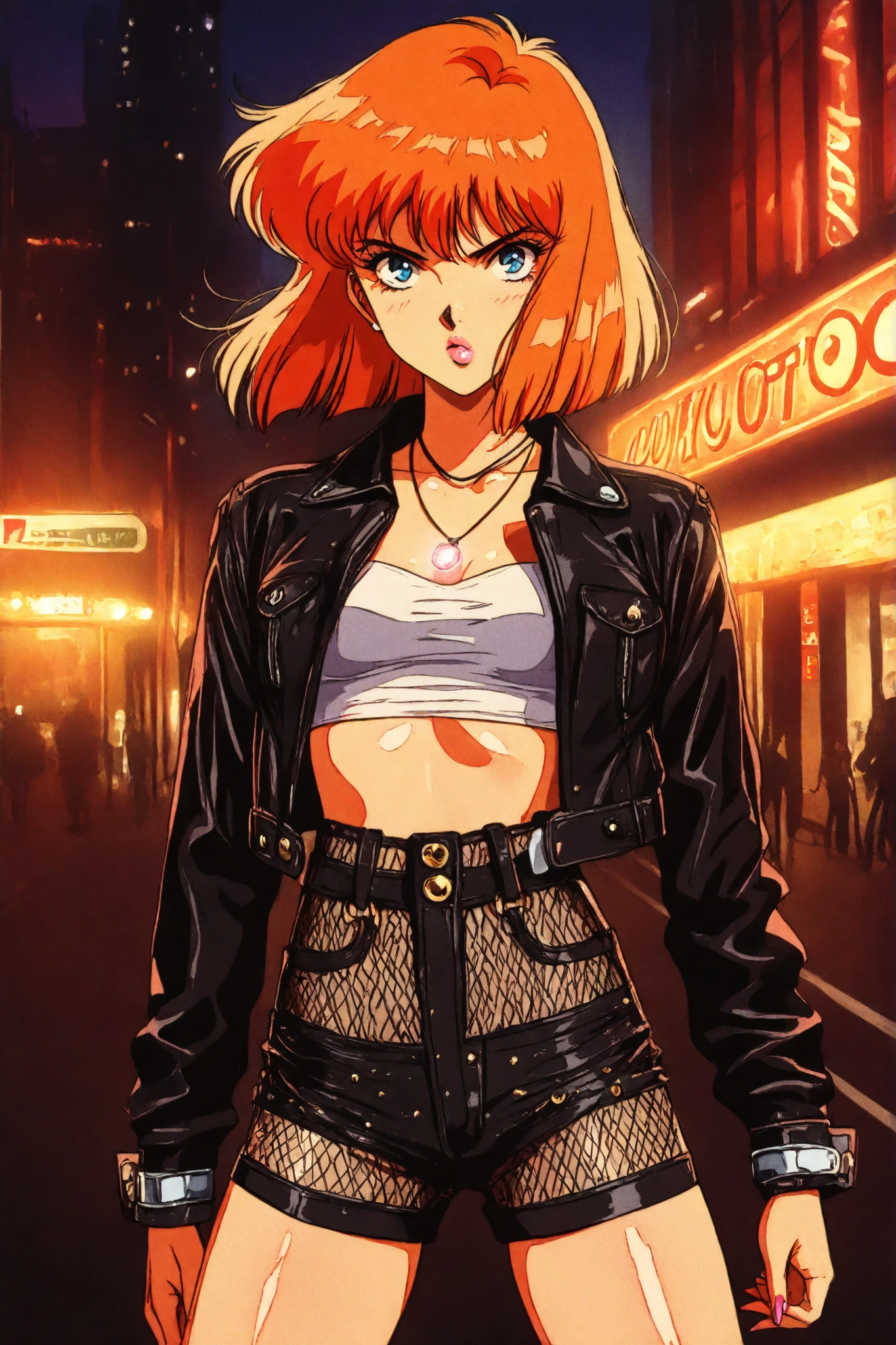 retro anime, classic anime, manga, vintage, flat colors, bold lines, matte, faded colors, retro (artistic, evocative, stylish, dramatic). Very close view, masterpiece, best quality, highres, Hayase Misa, red short hair, expressive eyes, 1girl, solo, 1980s (style), retro artstyle, cowboy shot, glossy leather mini-jacket, cropped halter top, high-waisted mini shorts, sheer mesh overlay skirt, platform heels, futoshi slim, neon club lighting, looking at viewer, masterpiece, best quality, highres, pouty gloss lips, oiled legs, thick thighs, silver cuffs, stylish street fashion, glowing neon necklace, nightlife scene, dark eyeliner, bold accessories, ((Best resolution)), ((high quality:1.2)), Work of art, 8k, extremely detailed, (HotLexi woman), Solo, 24 year old Gyaru Japanese female, (beautiful perfect face:1.23), Kizi, (eyes looking off to side), highly detailed, amazing work, vitreous luster, blues, yellows, shiny fabric, sexy confident pose, dynamic pose, heavy blushing, dramatic background lighting
