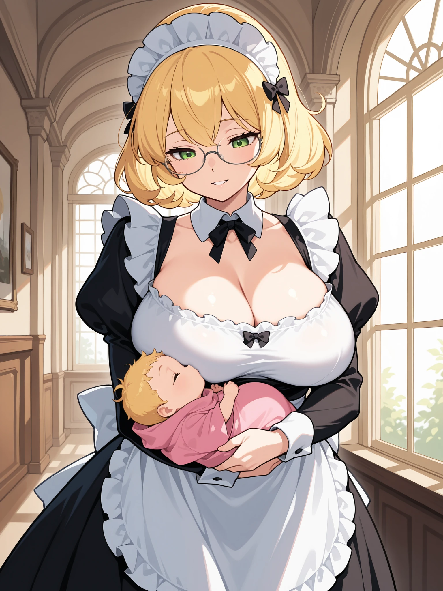 (masterpiece, Upper parts), incredible quality, muy estético, absurd, high resolution hairstyle, NEW , HDR-10, 8K, cinematic, professional photo, chica, ((( short clothing, nursing a big baby:1))), Pechos grandes,  short clothing, (Small but curvy), glasses, dressed as a French anime maid, blonde, Green Eyes,  mother and baby:1, Standing, front view, (((innocent expression))), (((neckline))), impressive grain, Mansion environment, visto de frente, It is observed, subsurface dispersion, translucent, brilliant, SSS, of the highest quality, atmospheric haze , Illustrations P0s  , (super quality:1.2),  very excited