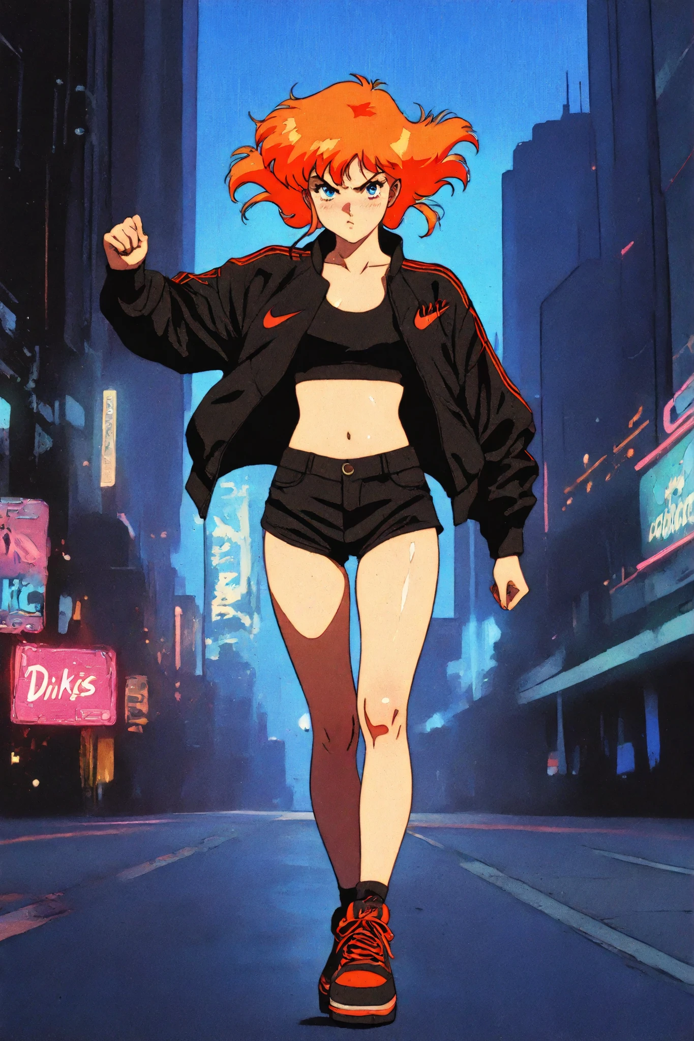 retro anime, classic anime, manga, vintage, flat colors, bold lines, matte, faded colors, retro artstyle, (artistic, evocative, stylish, dramatic). Full body or cowboy shot, masterpiece, best quality, highres, 1980s (style), anime street fashion, glossy streetwear outfit, Nike sports bra, Adidas crop top, branded sneakers, leather jacket, mini-shorts, platform shoes, glowing neon lights, urban background, nightclub, cyberpunk street, looking at viewer, pouty gloss, heavy blushing, highly detailed face, striking eyes, dynamic pose, futuristic jewelry, shiny skin, best quality at best, work of art, 8k, extremely detailed.