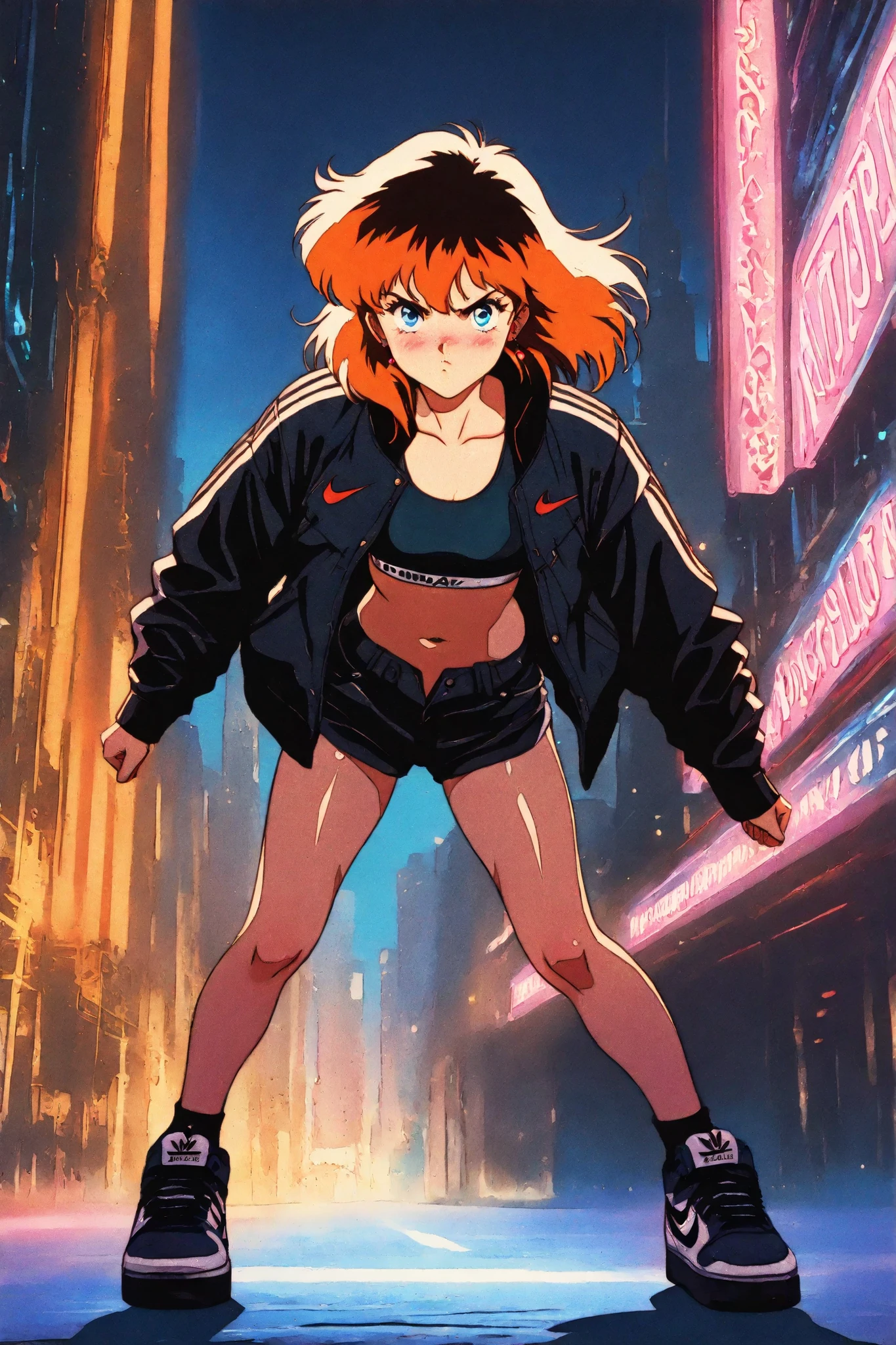 retro anime, classic anime, manga, vintage, flat colors, bold lines, matte, faded colors, retro artstyle, (artistic, evocative, stylish, dramatic). Full body or cowboy shot, masterpiece, best quality, highres, 1980s (style), anime street fashion, glossy streetwear outfit, Nike sports bra, Adidas crop top, branded sneakers, leather jacket, mini-shorts, platform shoes, glowing neon lights, urban background, nightclub, cyberpunk street, looking at viewer, pouty gloss, heavy blushing, highly detailed face, striking eyes, dynamic pose, futuristic jewelry, shiny skin, best quality at best, work of art, 8k, extremely detailed.
