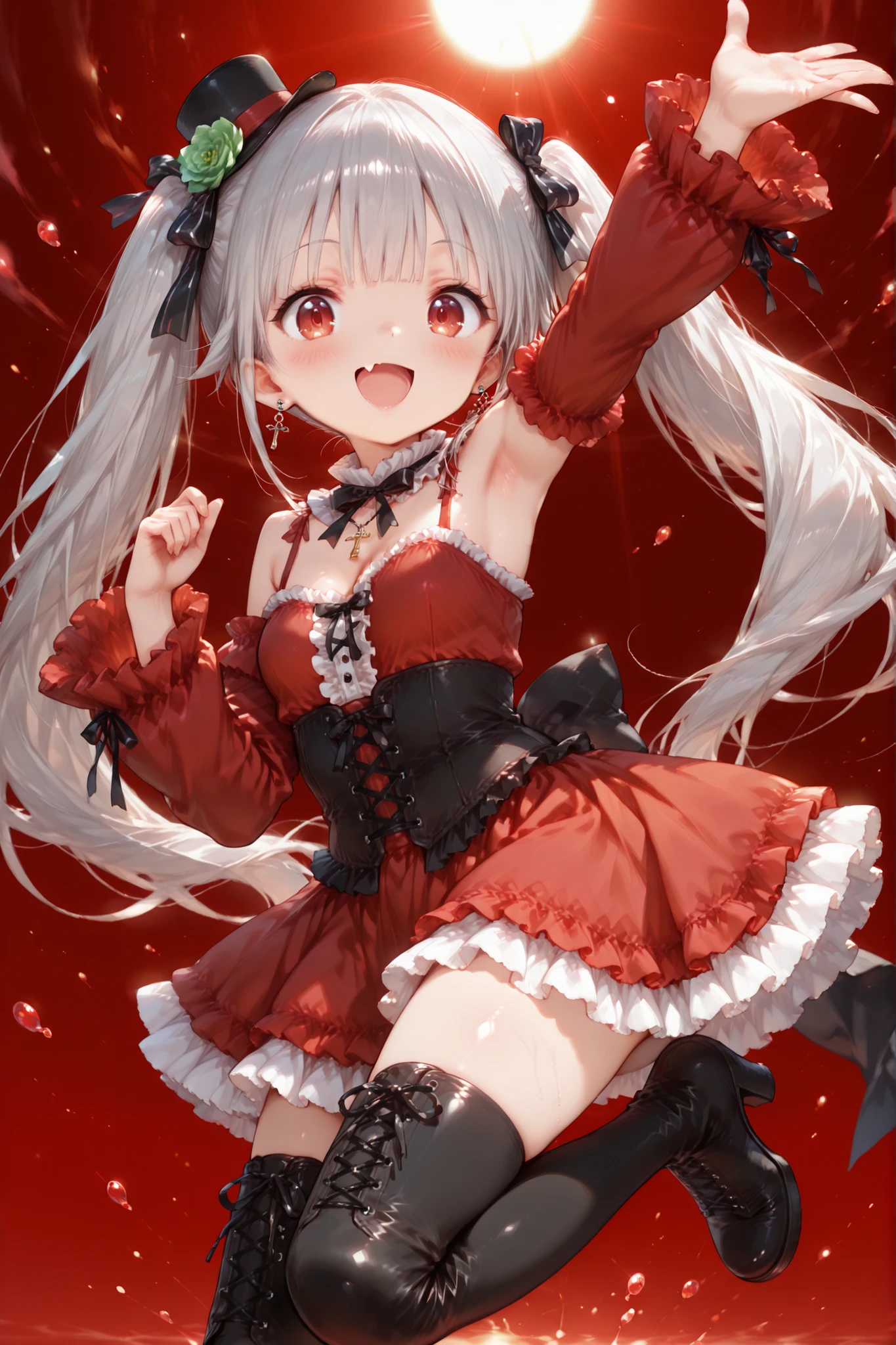 Shiny skin, Babe, character, chiya. masterpiece, best quality, ultra detailed, high resolution, 8k, caustics, super detailed skin perfect anatomy, dynamic lighting, elaborate eye depiction, beautiful detailed eyes, a cute anime girl, 142cm tall, skinny, slim waist, small breasts,
silver hair, very long twin tails, silver to black gradient hair, puppy paw hair ties,
cheerful expression, open mouth smile, single visible fang, red eyes, extra large eyes,
energetic pose, jumping with one arm raised high, the other arm outstretched, lively movement,
frills, center_frills, lolita_fashion,
long_sleeves, frilled_sleeves, red_sleeves,
detached_sleeves, bare_shoulders, armpits,
red_dress, frilled_dress,
cross-laced_clothes,
frilled_collar, black_corset,
red_skirt, frilled_skirt, layered_skirt,
black_thighhighs, lace-up_boots,
cross-laced_footwear, black_footwear,
thigh_boots, high_heels,
jewelry, earrings, green_flower, hair_flower,
rose, hair_ornament, striped_bow,
cross_necklace, black_bow, black_ribbon,
mini_top_hat,
visible cleavage peek.
looking at viewer.
upper knee angle.