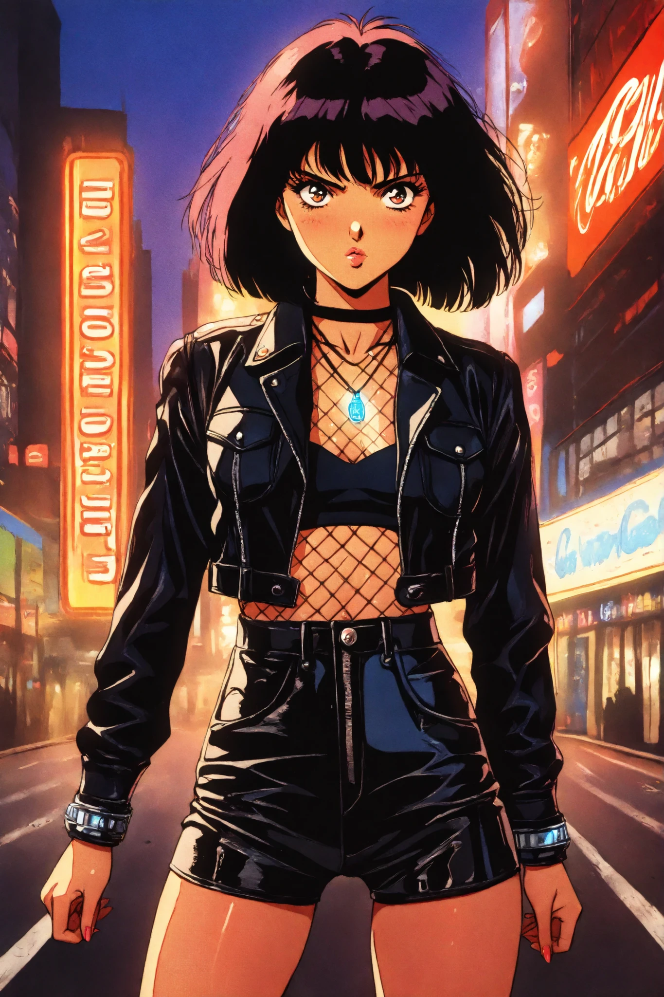 retro anime, classic anime, manga, vintage, flat colors, bold lines, matte, faded colors, retro (artistic, evocative, stylish, dramatic). Very close view, masterpiece, best quality, highres, Hayase Misa, red short hair, expressive eyes, 1girl, solo, 1980s (style), retro artstyle, cowboy shot, glossy leather mini-jacket, cropped halter top, high-waisted mini shorts, sheer mesh overlay skirt, platform heels, futoshi slim, neon club lighting, looking at viewer, masterpiece, best quality, highres, pouty gloss lips, oiled legs, thick thighs, silver cuffs, stylish street fashion, glowing neon necklace, nightlife scene, dark eyeliner, bold accessories, ((Best resolution)), ((high quality:1.2)), Work of art, 8k, extremely detailed, (HotLexi woman), Solo, 24 year old Gyaru Japanese female, (beautiful perfect face:1.23), Kizi, (eyes looking off to side), highly detailed, amazing work, vitreous luster, blues, yellows, shiny fabric, sexy confident pose, dynamic pose, heavy blushing, dramatic background lighting