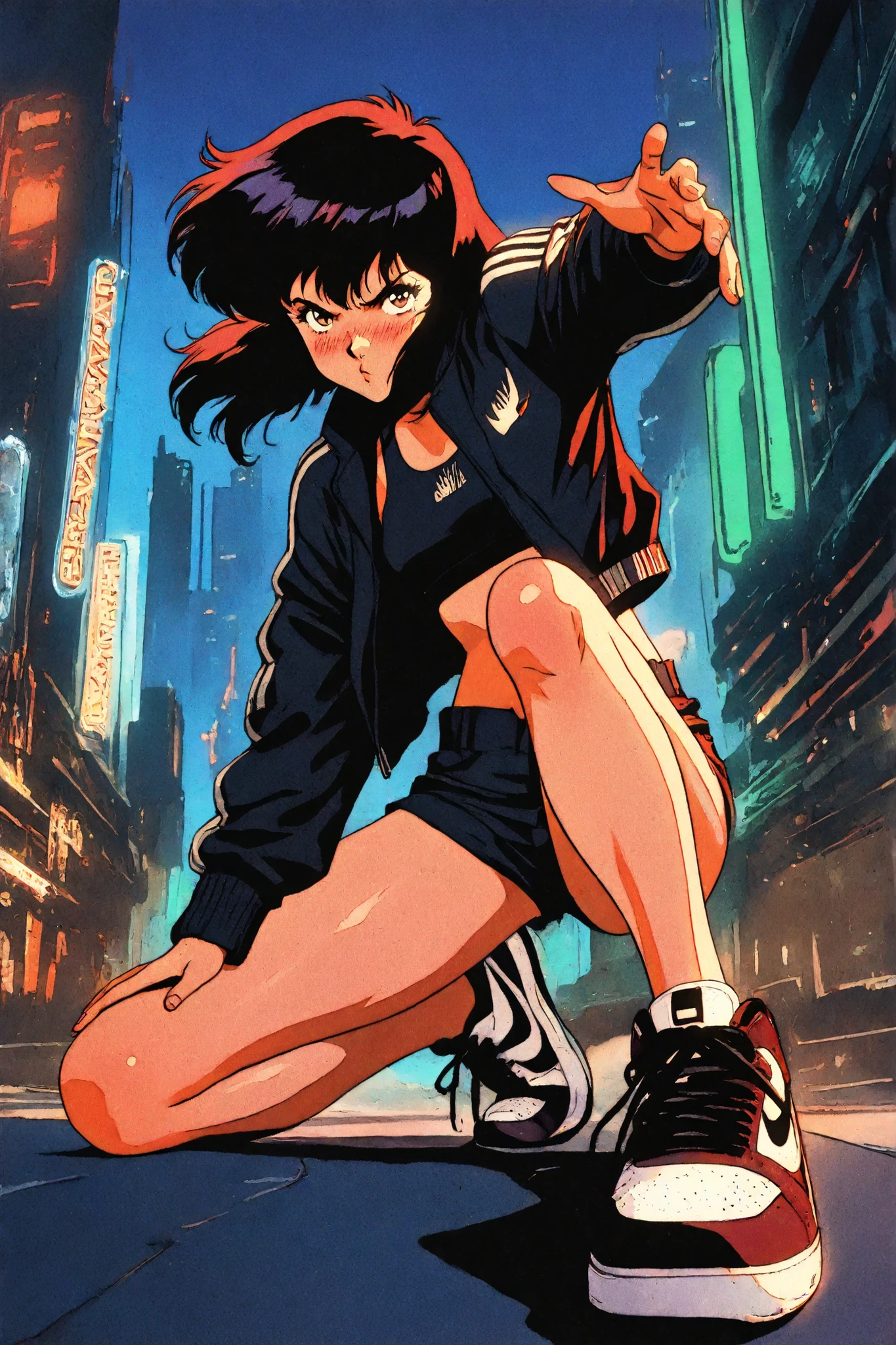 retro anime, classic anime, manga, vintage, flat colors, bold lines, matte, faded colors, retro artstyle, (artistic, evocative, stylish, dramatic). Full body or cowboy shot, masterpiece, best quality, highres, 1980s (style), anime street fashion, glossy streetwear outfit, Nike sports bra, Adidas crop top, branded sneakers, leather jacket, mini-shorts, platform shoes, glowing neon lights, urban background, nightclub, cyberpunk street, looking at viewer, pouty gloss, heavy blushing, highly detailed face, striking eyes, dynamic pose, futuristic jewelry, shiny skin, best quality at best, work of art, 8k, extremely detailed.