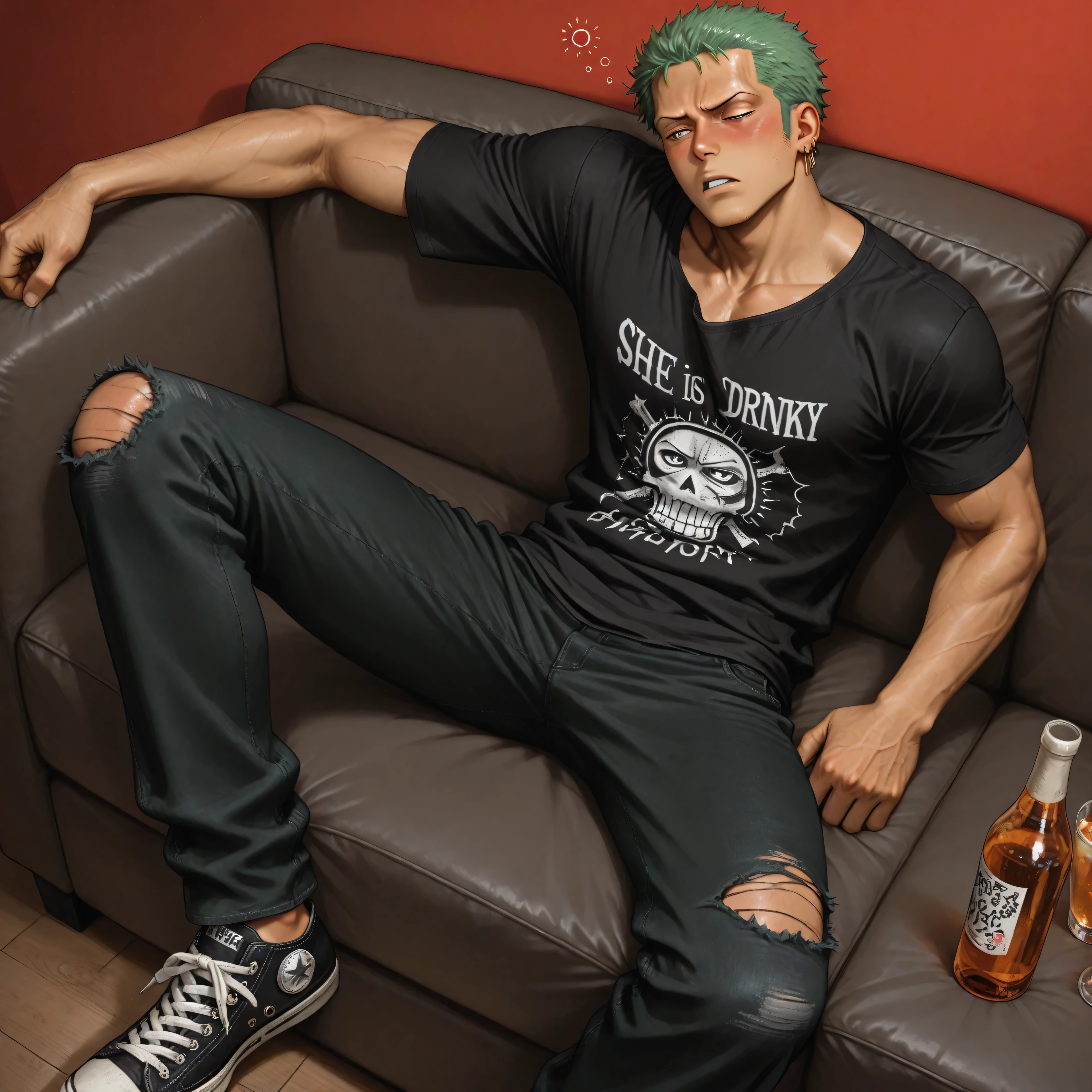 overhead shot: roronoa zoro, wearing an oversized black t-shirt, wearing ripped long black jeans, wearing converse shoes, sitting on the sofa, he looks drunk, his face is red, he is sleepy, his body is muscular, the background is a drink bar.