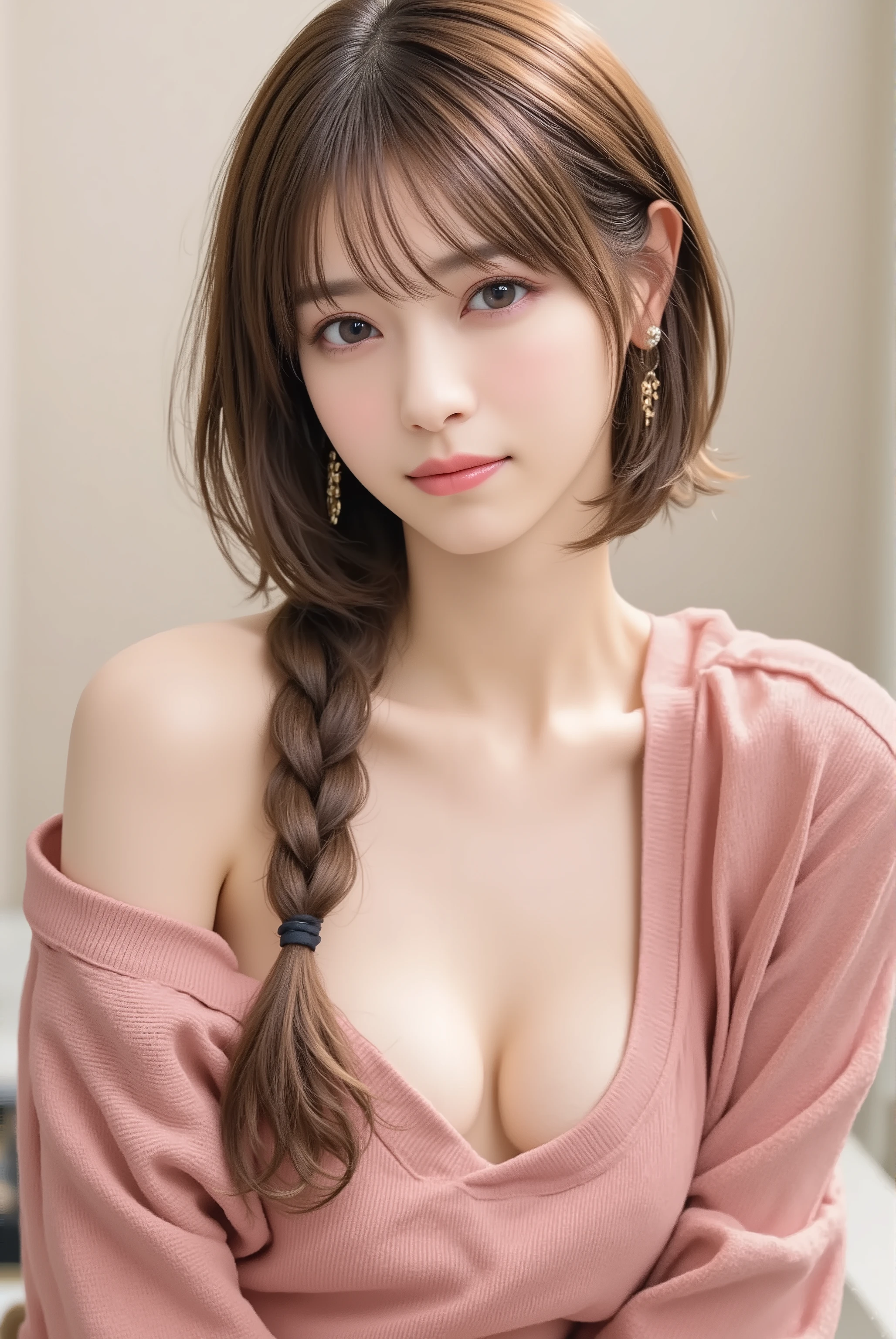 soft polite micro-smile, lips gently closed, tiny mouth-corner lift, slight eye-squint (smiling eyes), relaxed jaw, natural micro-asymmetry,
upper face shot, outfit clearly visible,
showing neckline, shoulders,
sharp focus on clothes and hairstyle
Hasuma_Kanae(Tsumamigui),1girl,solo, brown hair in braided hairstyle, cleavage emphasized, mature charm,